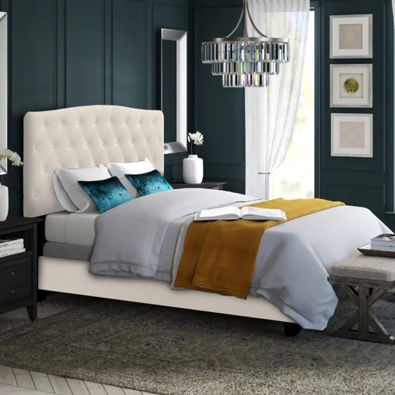 Belle Isle Furniture Cape Coral Beige Linen Upholstered Queen Size Bed Frame - Elegant Neutral Bedroom Furniture for Modern Home Decor