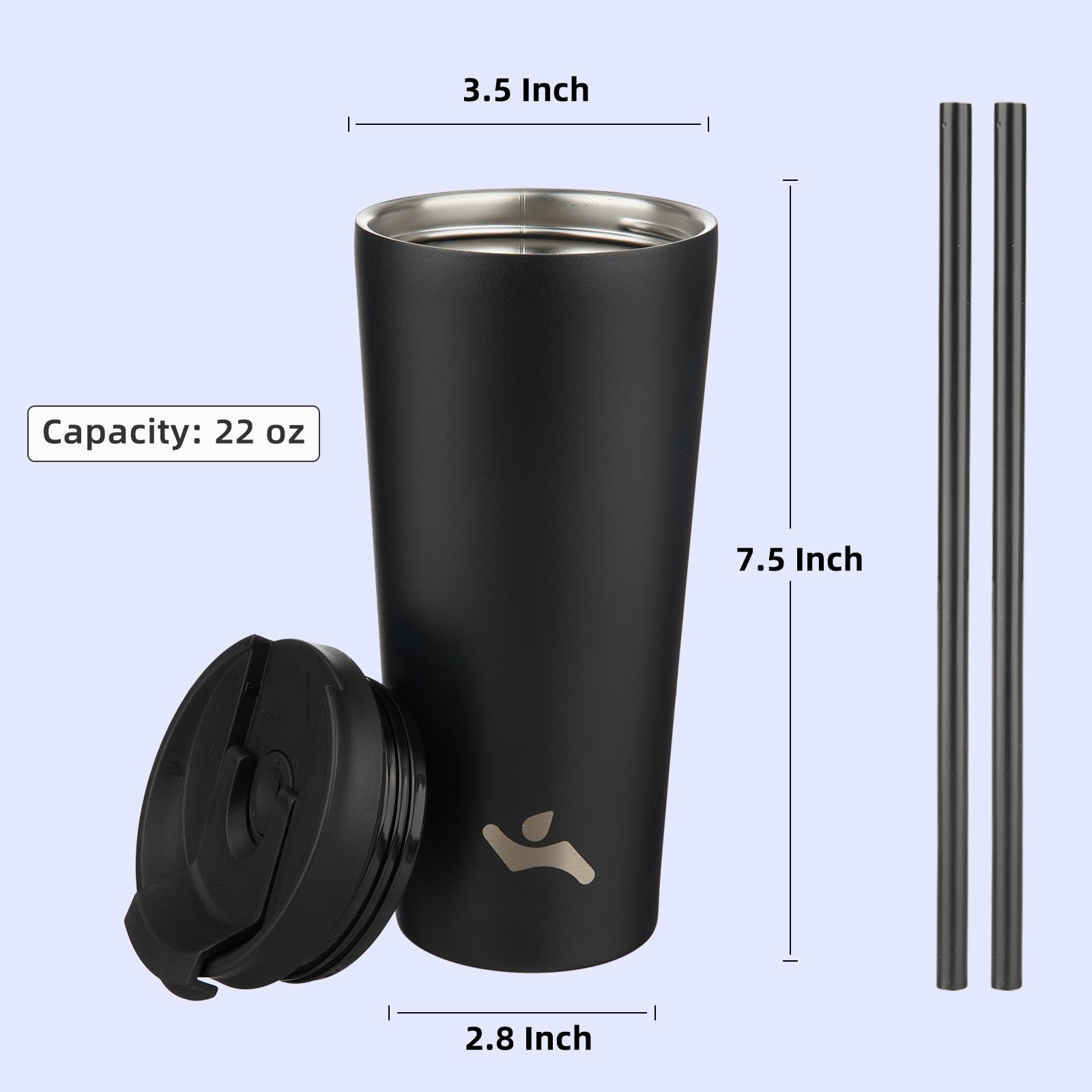 22oz Insulated Stainless Steel Tumbler with Lid & 2 Straws - Vacuum Sealed Travel Mug for Coffee, Tea & Cold Drinks - Leakproof & Sweatproof - Perfect for Office, Gym, Hiking & Road Trips (Blue)