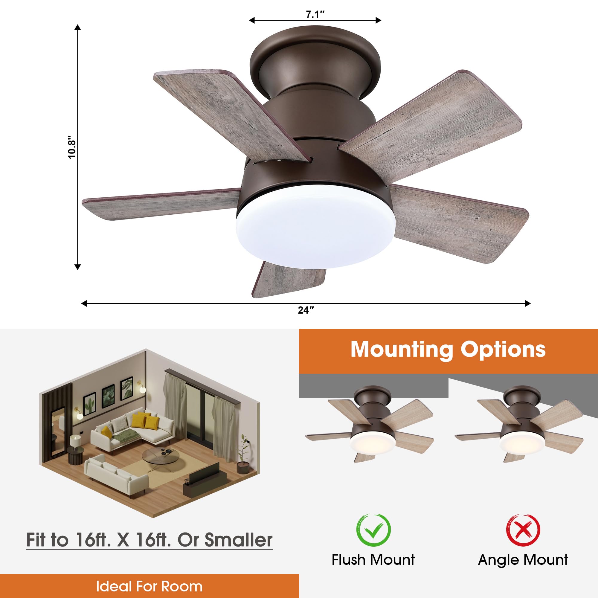 Parrot Uncle 24 Inch Bronze Ceiling Fan with Lights & Remote - Flush Mount Bedroom Fan, Dimmable LED Light & Reversible Motor | Perfect for Bedrooms, Living Rooms & Home Offices