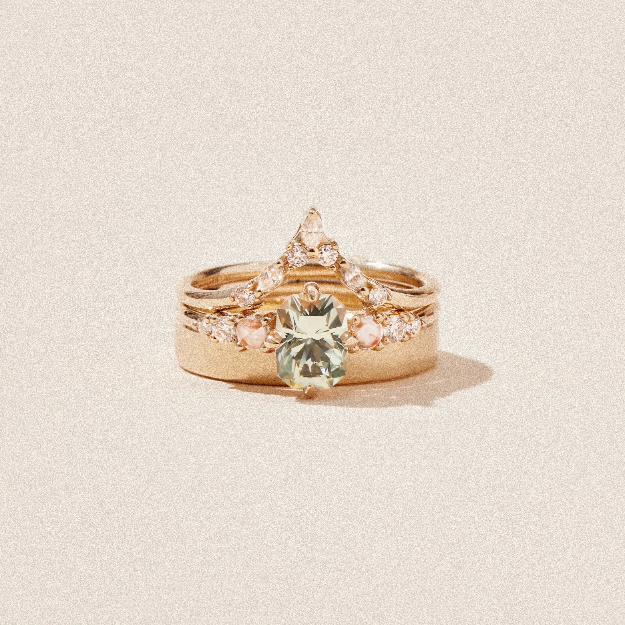 14K Yellow Gold Unique Lunar Radiance Ring with Green & Colorless Sapphire – Perfect for Engagement, Anniversary & Special Occasion Gifts