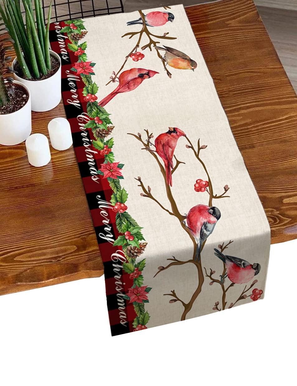 36 Inch Christmas Cardinals Bird Themed Table Runner - Farmhouse Cotton Linen Table Cloth for Holiday Party & Wedding Decor - Holly Berry Design - Perfect for Dining Tables, Coffee Tables, and Seasonal Home Decor