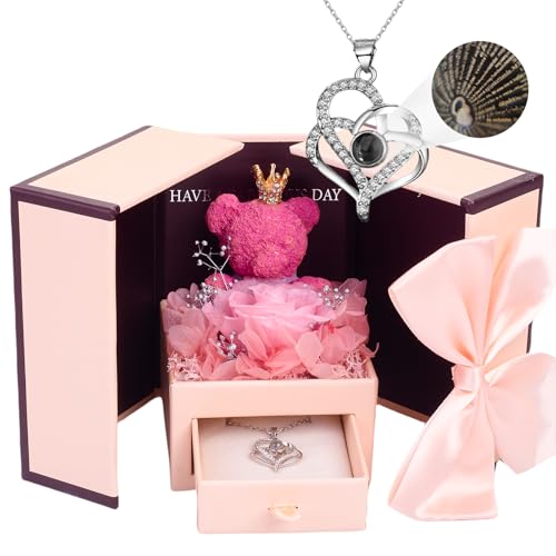 Pink Preserved Roses Gifts Box With I Love You Double Heart Necklack