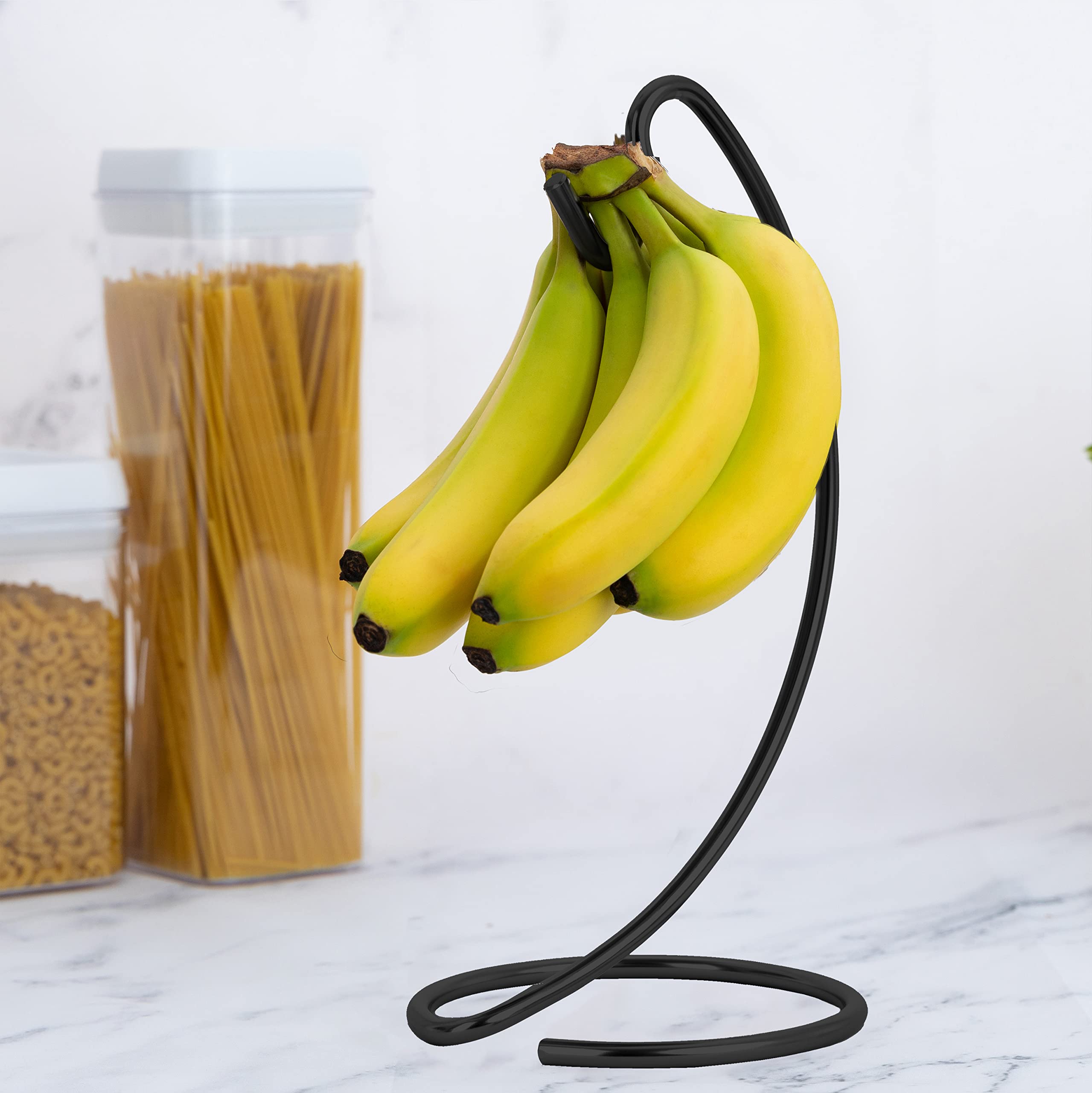 Homeries Modern Banana Holder - Kitchen Countertop Rack, Hanger, Tree Stand Hook - Copper Keeper Stand (Black) | Perfect for Organizing Bananas on Countertops, Pantries & Dining Tables - Ideal for Home, Office & Cafes