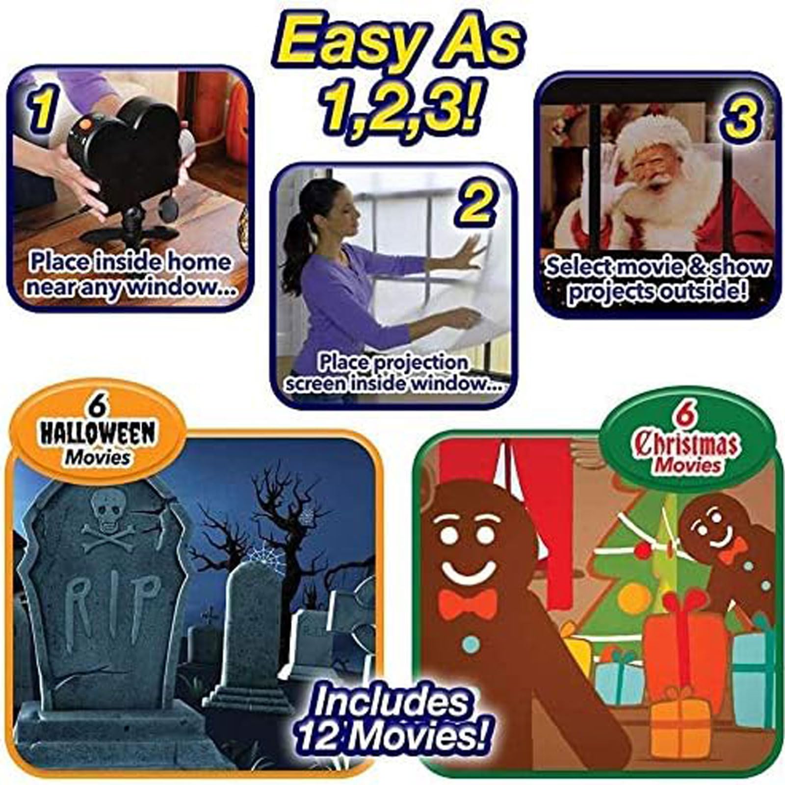 Halloween & Christmas Window Projector Light - 12 Holographic Movie Projections with Tripod Stand for Home Decor, Holiday Parties & Outdoor Displays - Perfect for Halloween Decorations, Christmas Light Shows & Special Events