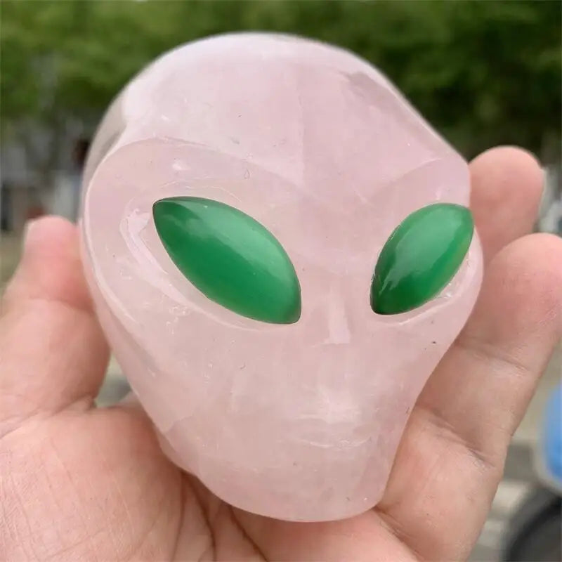 Hand Carved Natural Rose Quartz Crystal Alien Skull - Healing Reiki Stone, Unique Halloween Decor & Spiritual Gift for Home, Meditation & Energy Work