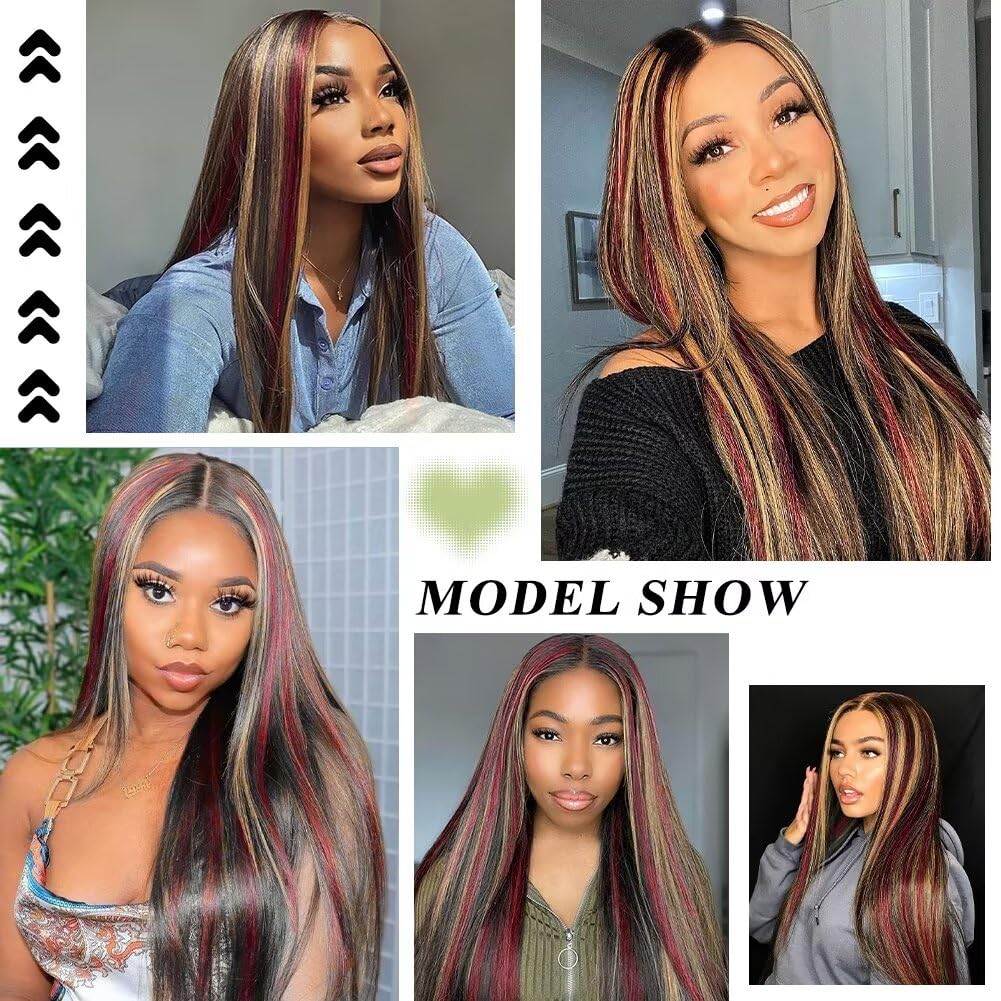 26 Inch Skunk Stripe Human Hair Wig - Burgundy Red Lace Front Wig with Blonde Highlights | 180% Density 13x4 Lace | Ombre Red Straight Human Hair Wig for Cosplay, Halloween & Daily Fashion