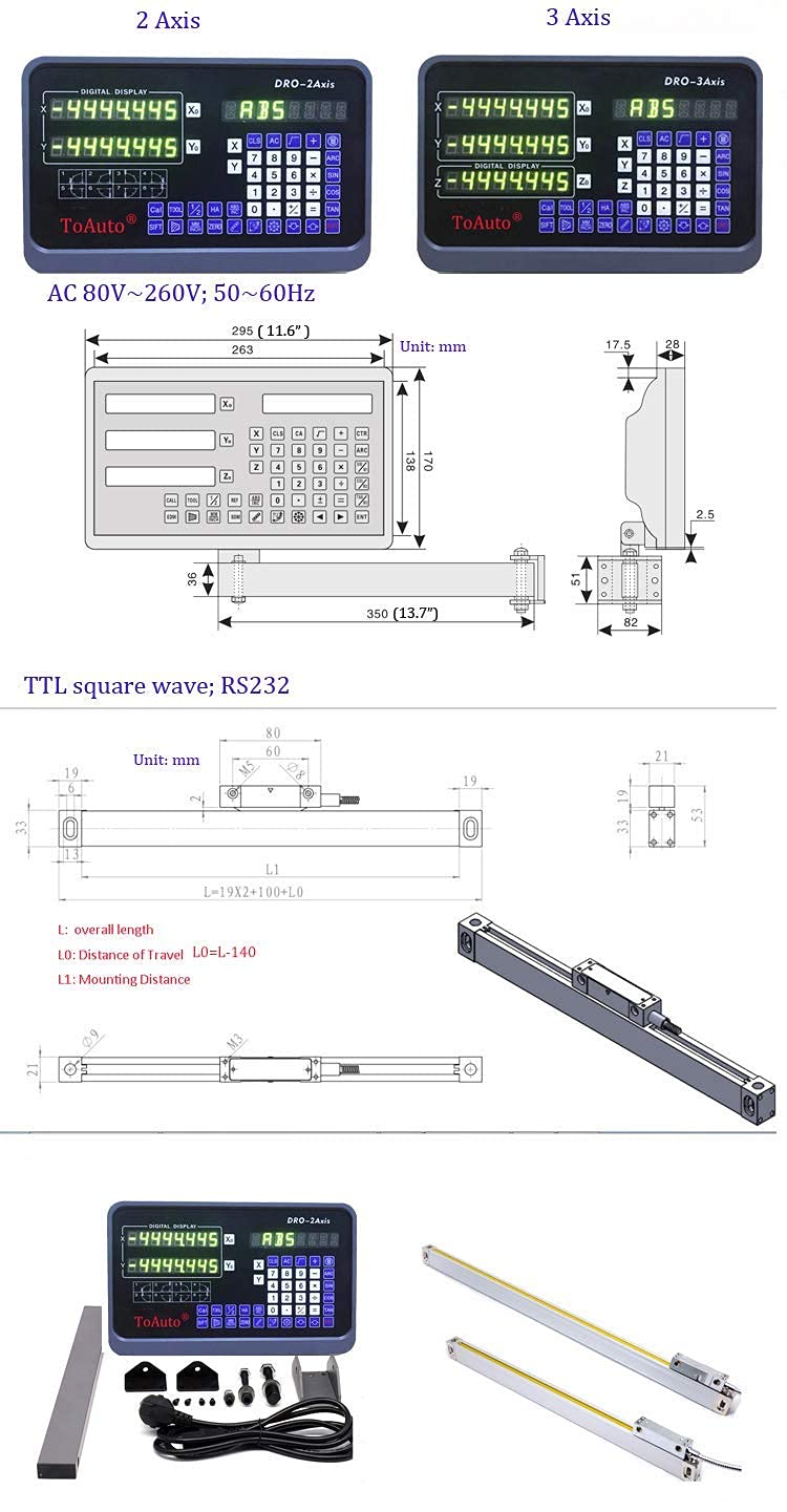 TOAUTO 12'' & 40'' 2-Axis DRO Digital Readout with 300mm & 1000mm Linear Encoder Scales for Milling and Lathe Machines - Precision Measurement for Metalworking and CNC Machining