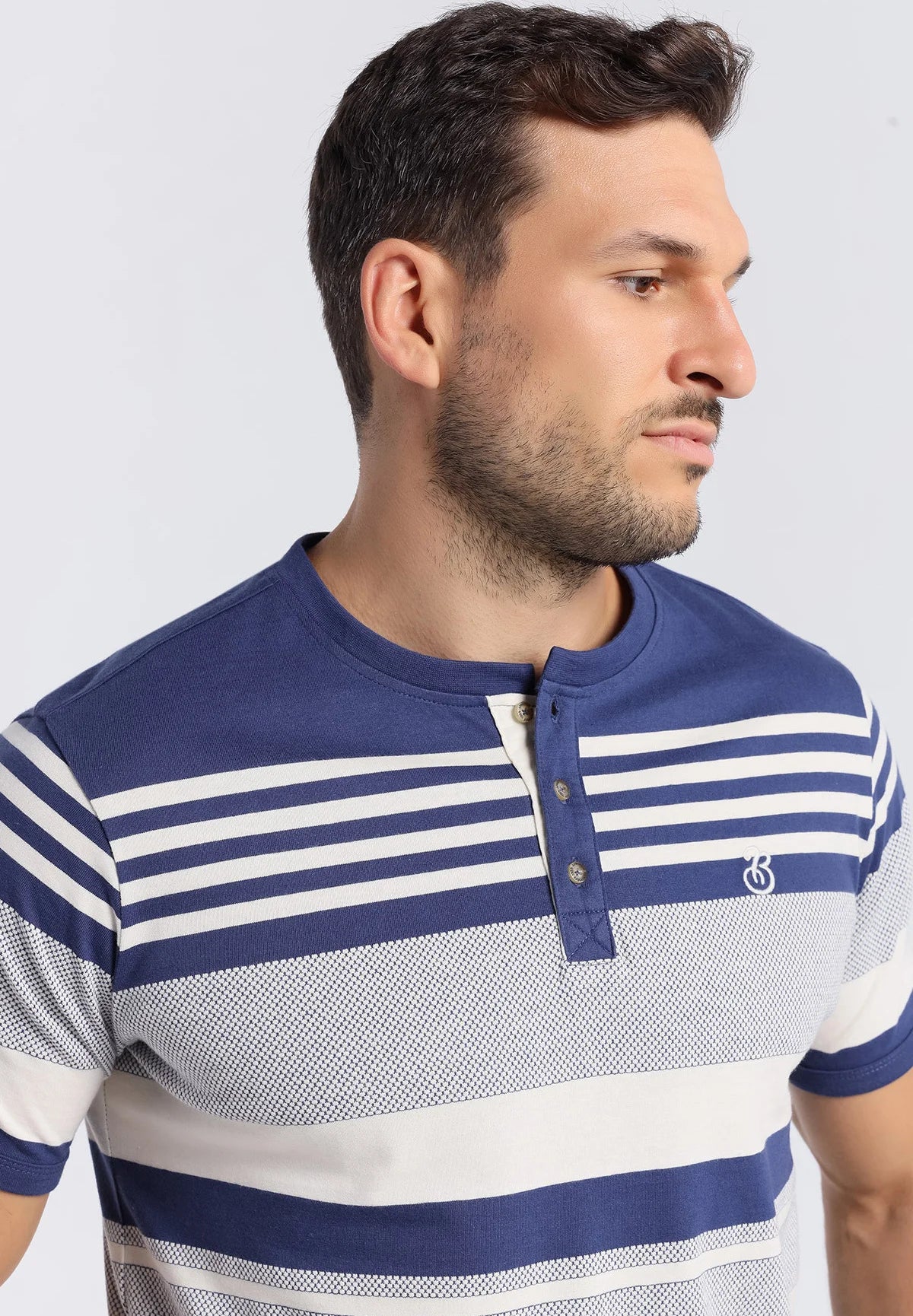 Bendorff Men's Striped Cotton Henley T-Shirt - Soft Casual Short Sleeve Button-Up Shirt for Everyday Wear, Outdoors & Layering - Blue