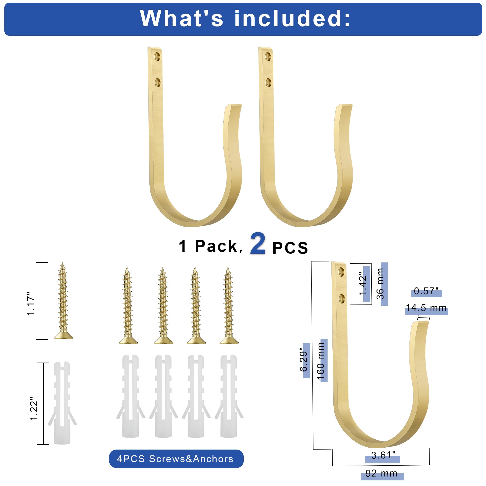 2Pcs Solid Brass U-Shaped Curtain Tiebacks - Heavy Duty Wall Mounted Drapery Holdbacks for Living Room, Bedroom & Windows (Gold Finish) - Perfect for Home Decor & Interior Design