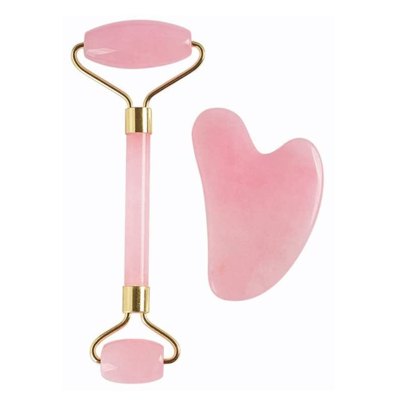 Rose Quartz Roller & Gua Sha Jade Roller Set - Natural Facial Massage Tool for Anti-Aging, Puffiness & Dark Circles - Spa Quality Face Roller for Glowing Skin & Relaxation - Perfect for Home Skincare & Self-Care Routine
