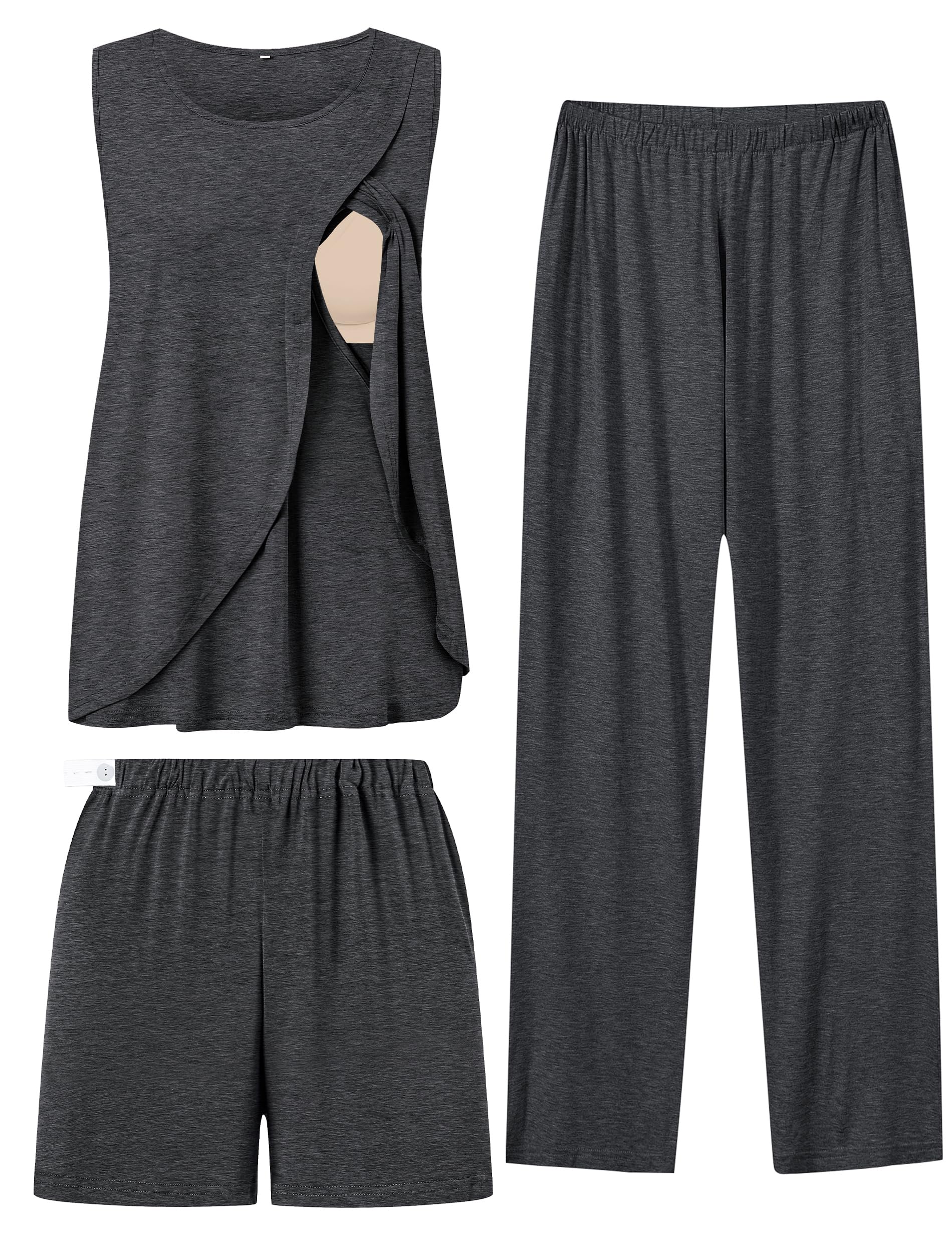 SWOMOG Women's Maternity Pajama Set - 3 Piece Nursing Sleepwear with Pockets, Sleeveless Breastfeeding Pajamas for Pregnancy & Postpartum Comfort - Perfect for Nighttime Nursing, Hospital Stay and Relaxing at Home