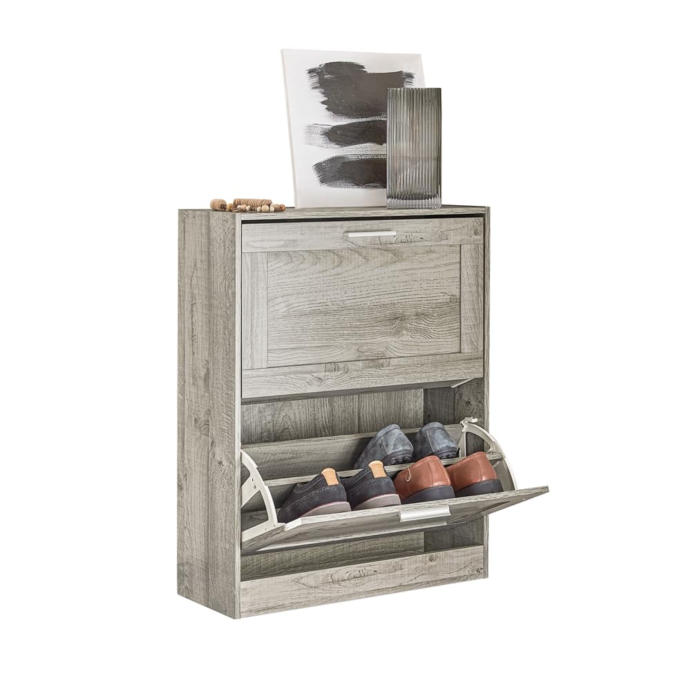 Haotian Slim Shoe Cabinet - Space Saving Entryway Shoe Rack Organizer with 4 Tiers, Grey (FSR137-HG) - Perfect for Small Apartments, Hallways & Closet Storage Solutions