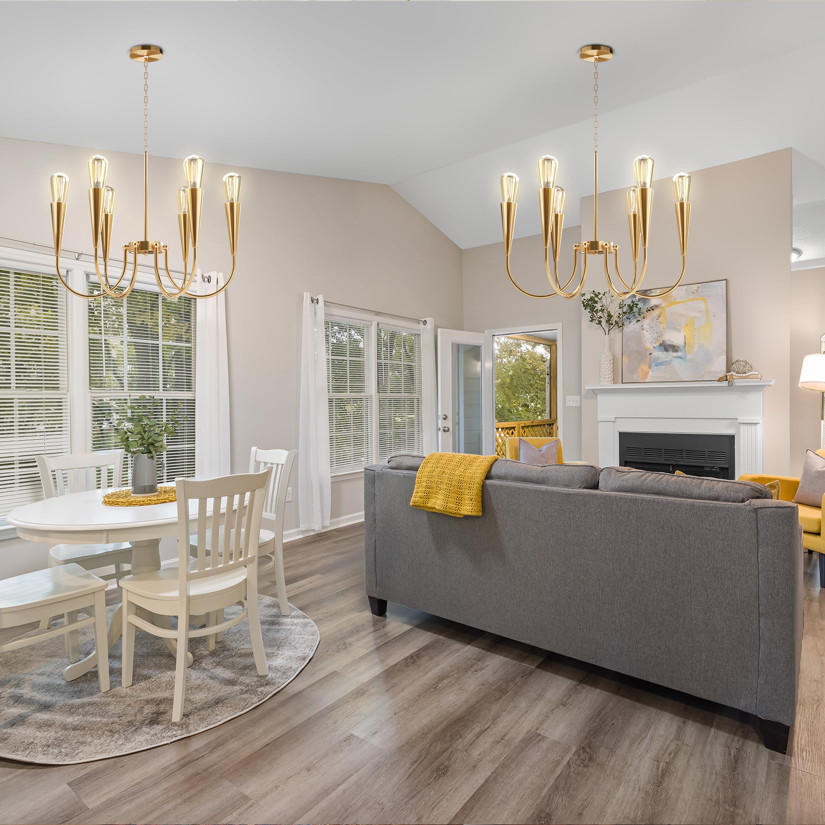 Modern Gold Chandelier - 6-Light Farmhouse Ceiling Fixture for Dining Room, Kitchen, Living Room, Bedroom & Entryway | Elegant Candle-Style Pendant Lighting for Home Decor & Interior Design