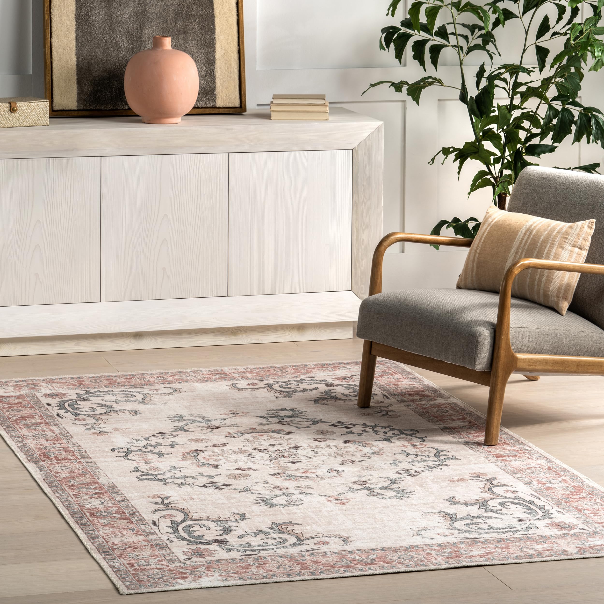 nuLOOM Layna Machine Washable Distressed Vintage Ultra Thin Area Rug 8' x 10' Light Grey - Perfect for Living Room, Bedroom & Home Decor