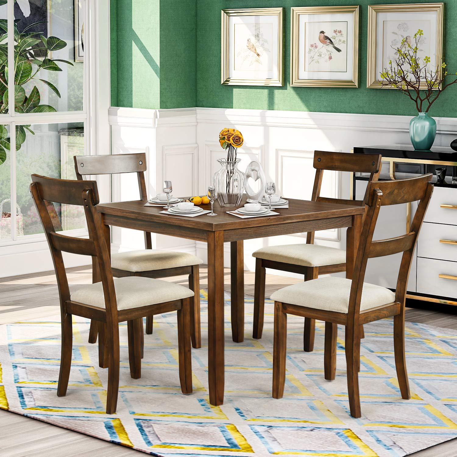 5-Piece Retro Industrial Wood Dining Table Set with 4 Upholstered Chairs - Walnut Finish & Cushion Seating - Perfect for Kitchen, Dining Room & Small Space Gatherings