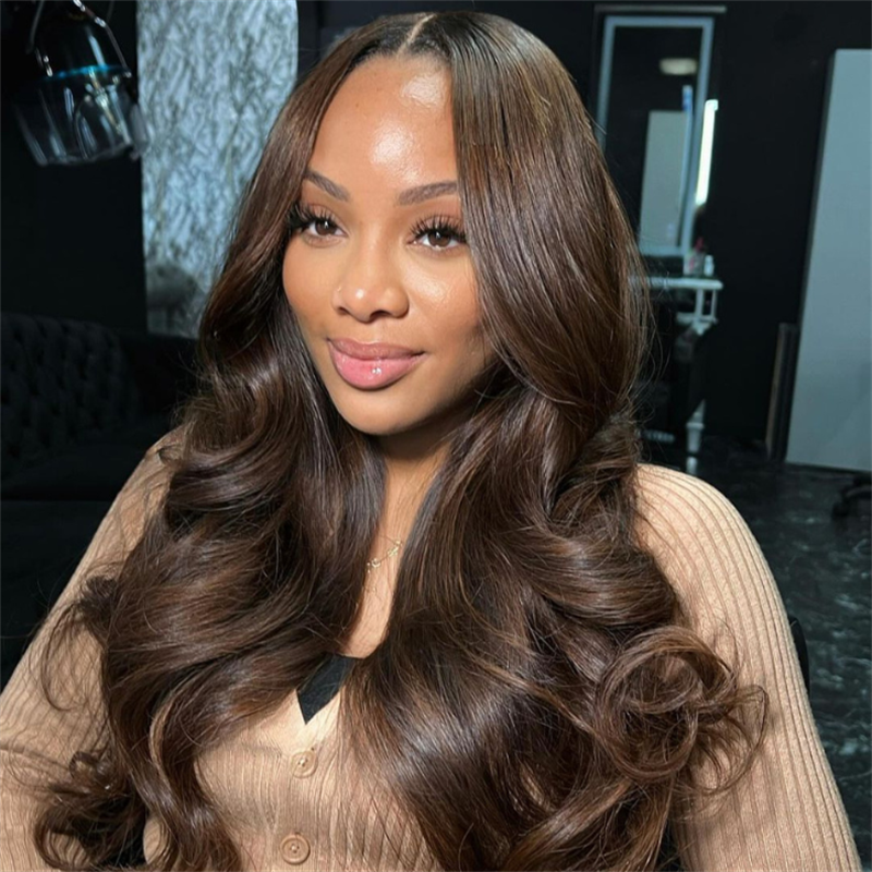 Eullair Brown Straight Human Hair Wig with Curtain Bangs - Body Wave Lace Frontal Wig, Glueless & Natural Look for Daily Wear, Cosplay, and Special Occasions