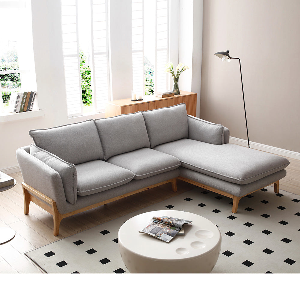 BRONTE 3-Seater Sofa with Right Chaise in Light Grey & Oak - Modern Living Room Furniture for Small Spaces & Apartments