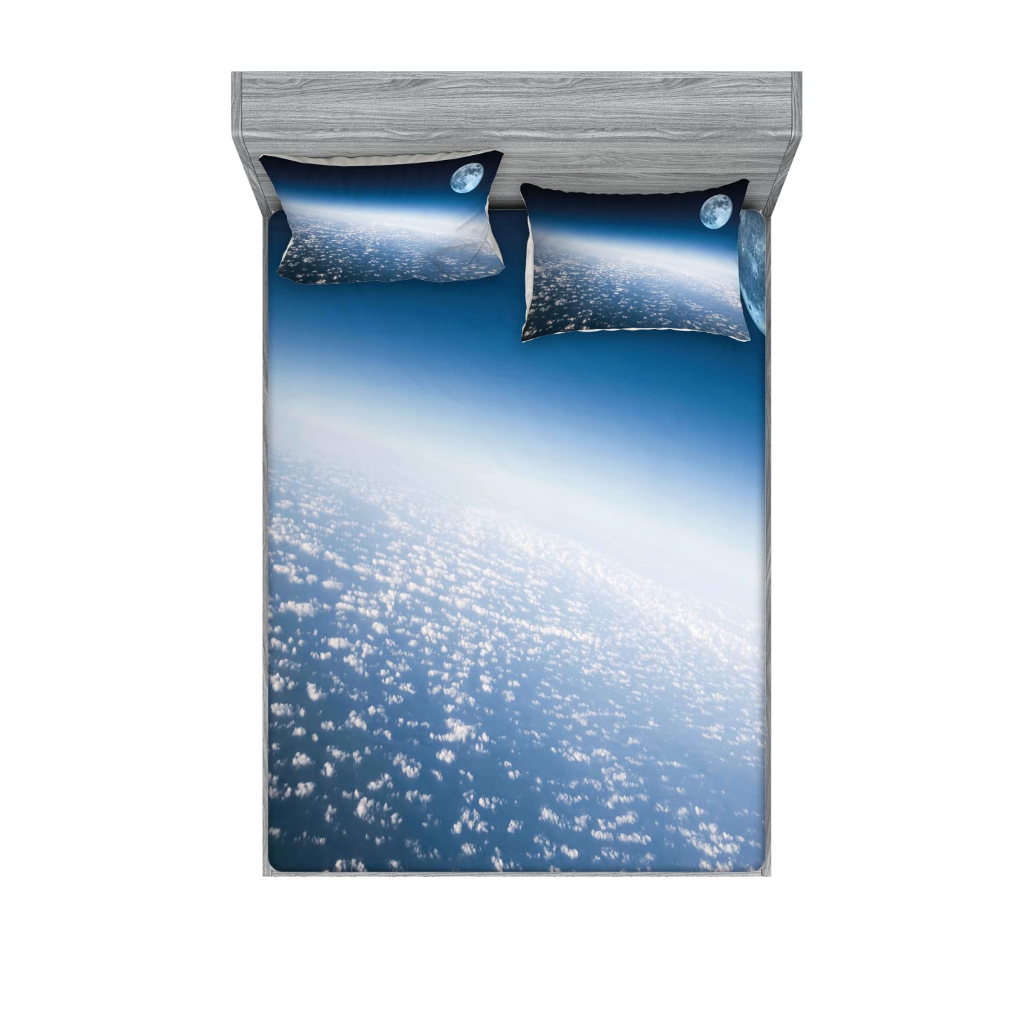 Ambesonne Space Themed 2-Pack Queen Size Fitted Sheet Set with 4 Pillow Shams - Earth & Moon Design, Pale Blue Galaxy Bedding for Adults & Teens - Perfect for Astronomy Lovers' Bedroom Decor & Space Themed Parties