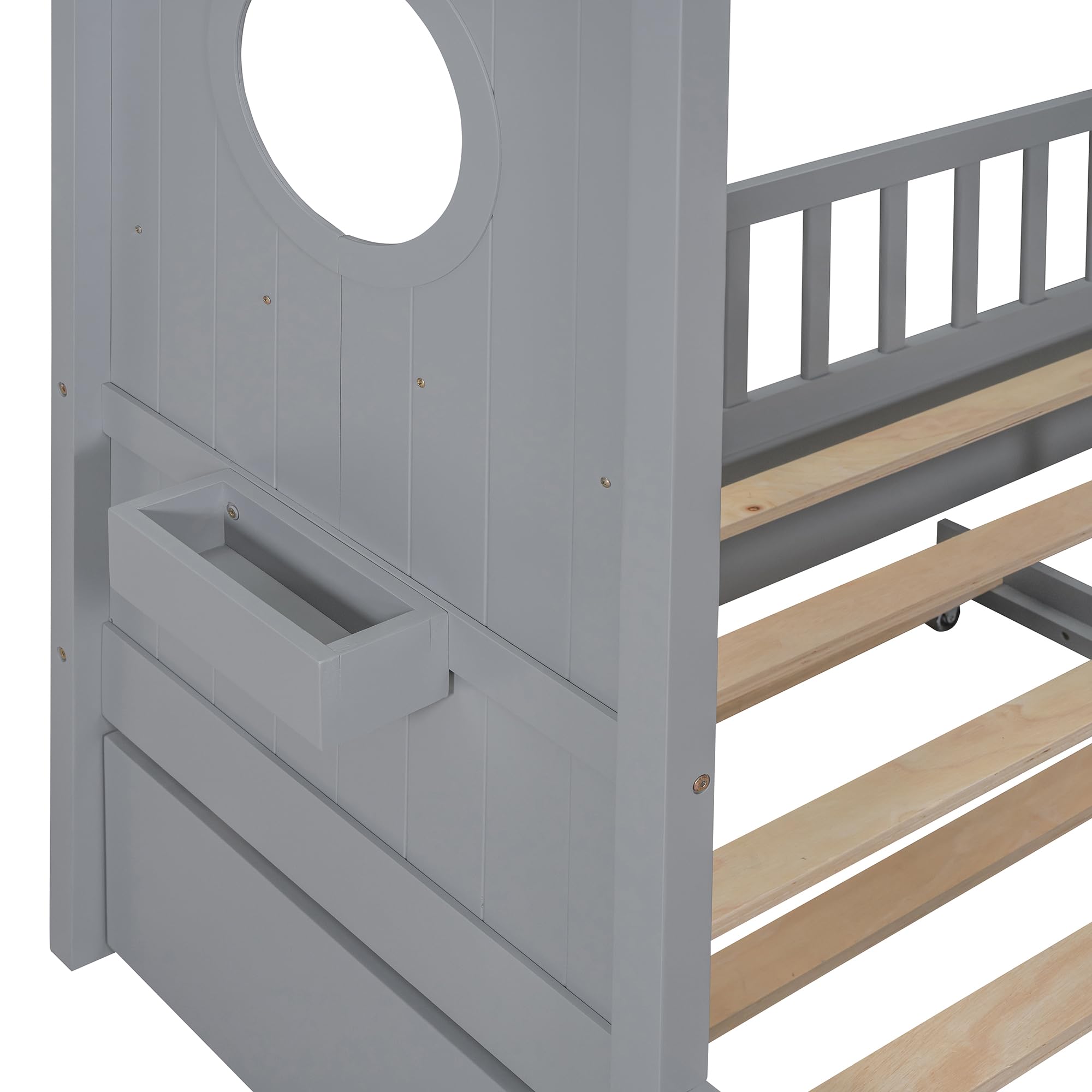 P PURLOVE Full Size Wooden House Bed with Trundle & Storage Shelf - Modern Kids Bed Frame for Boys, Girls & Teens | Playful Bedroom Decor, Sleepover Ready, Space-Saving Children's Room Furniture