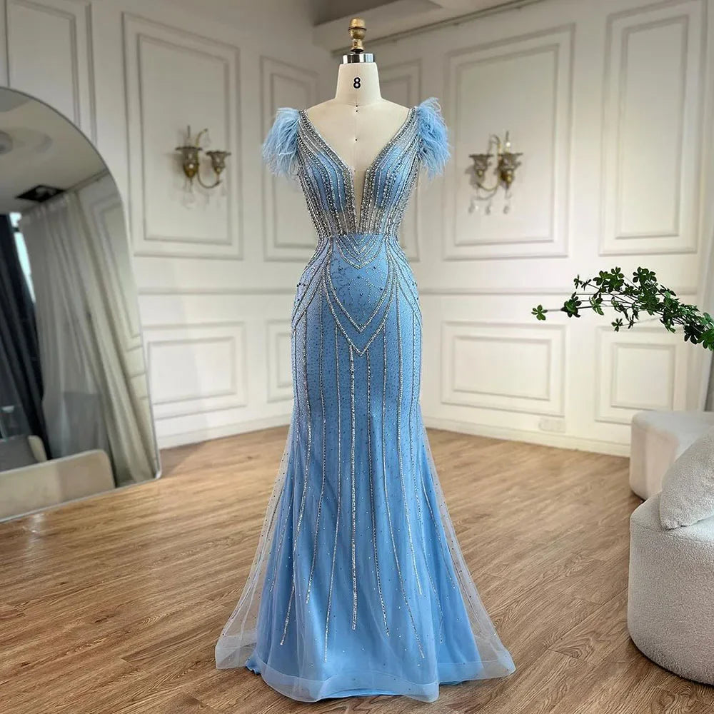 Luxury Dubai Blue Mermaid Evening Dress with Pearls & Feathers - Elegant Beaded Gown for Women's Wedding, Prom, Party & Special Occasions | LA72578