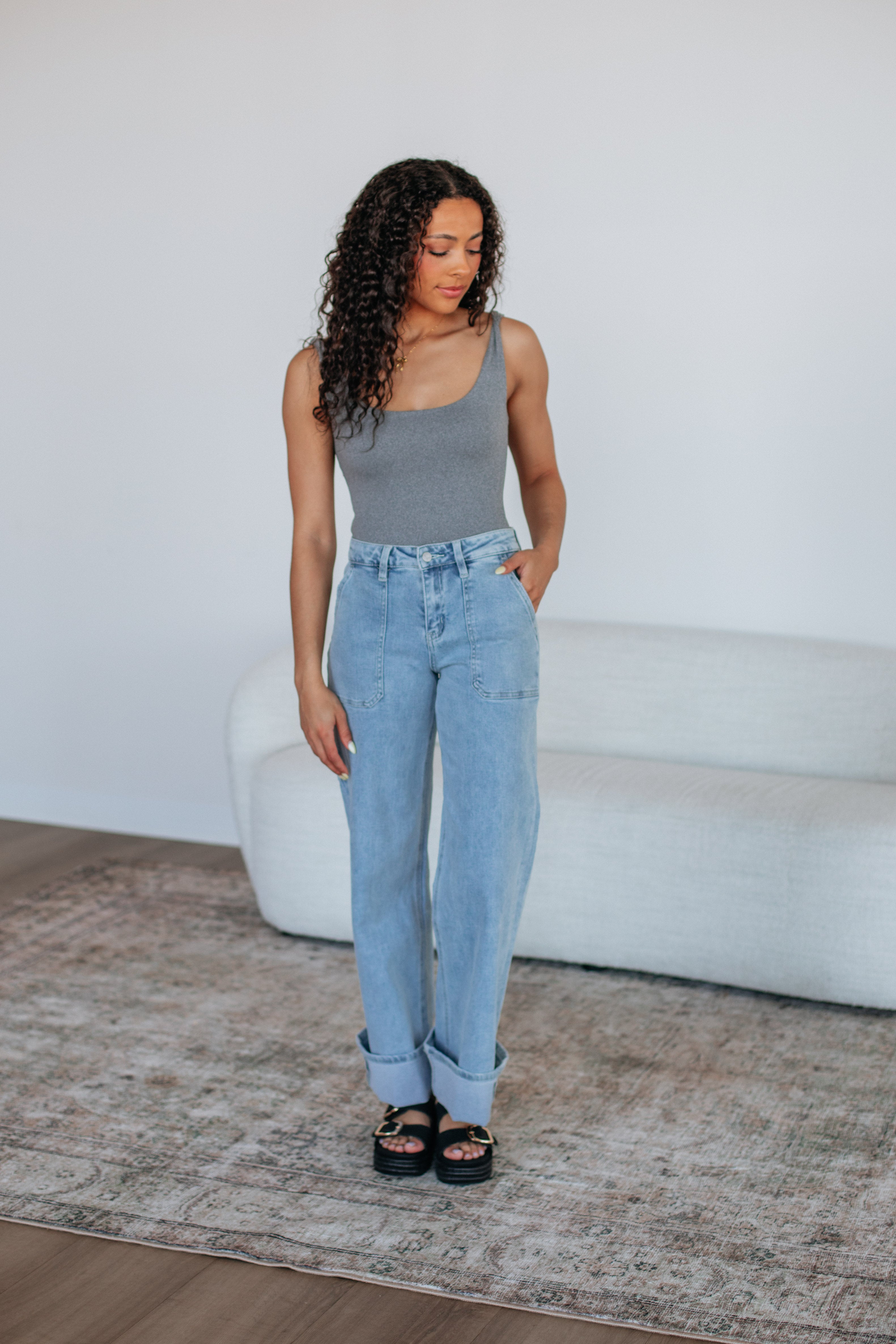 Elena Basic Bodysuit for Women - Soft Stretchy Comfortable Cotton Blend Tank Top Bodysuit in Heather Grey - Perfect for Layering, Casual Wear & Everyday Outfits