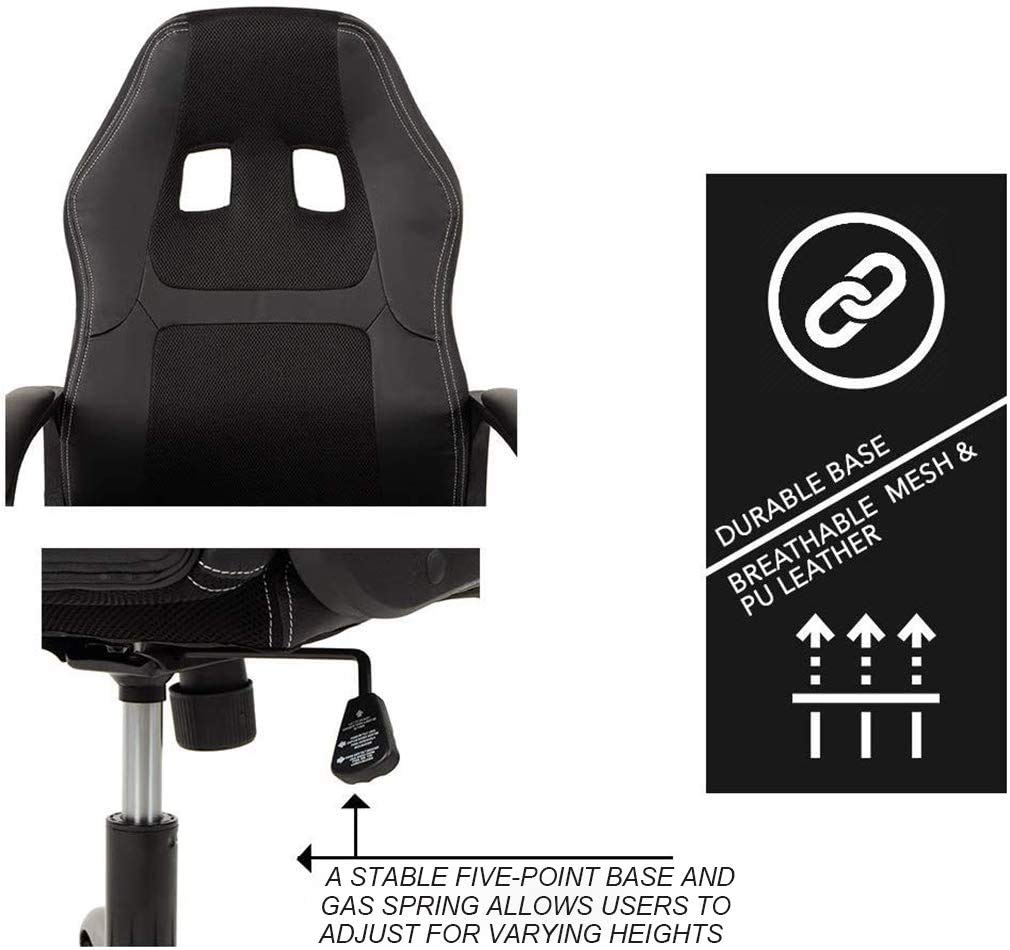 Ergonomic Gaming Chair with PU Leather - Heavy Duty Racing Style Office Chair for PC & Video Gaming, Home & Office Use - Black - Perfect for Long Gaming Sessions & Work Comfort