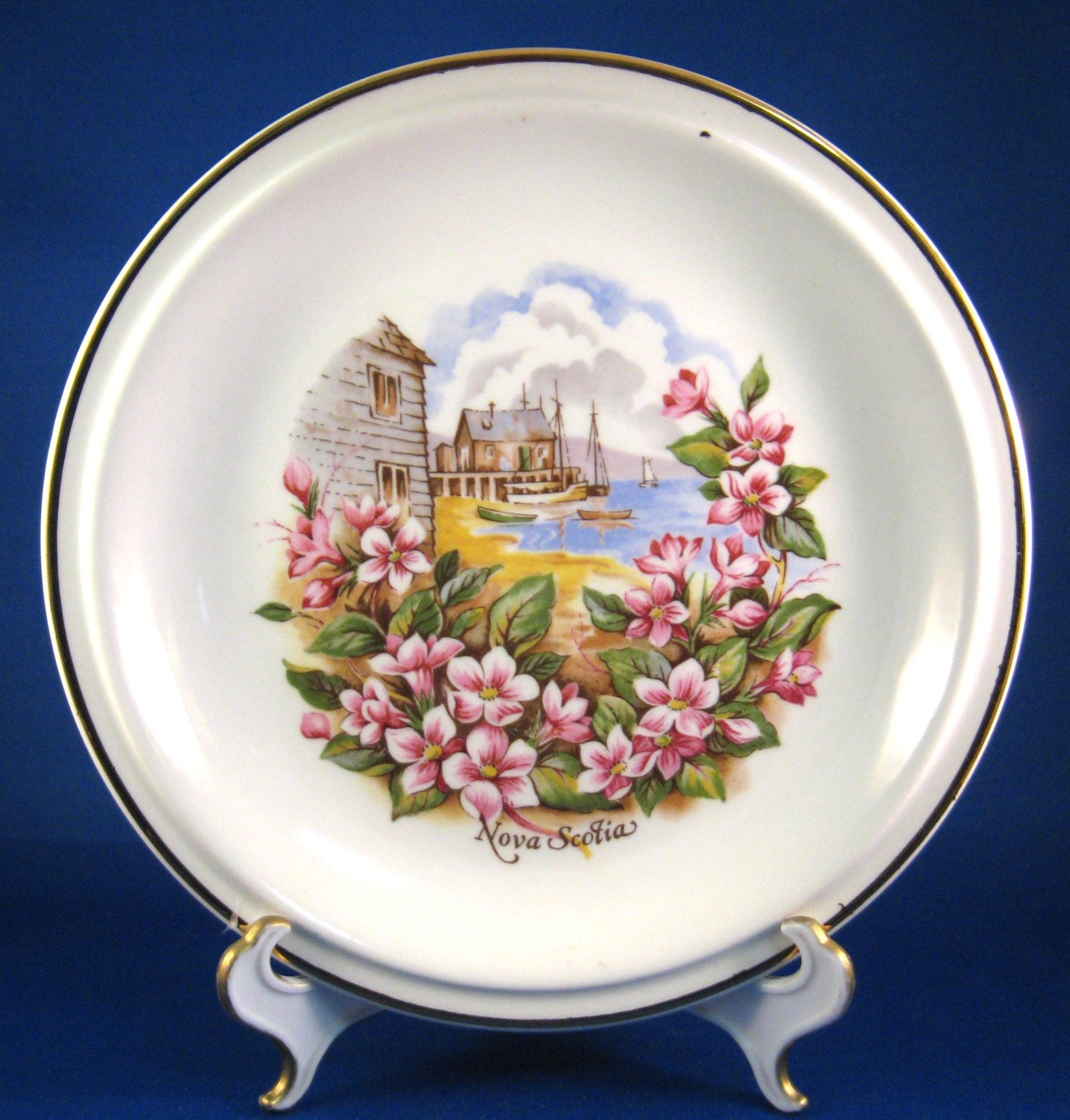 Vintage 1970s Nova Scotia Souvenir Plate - Scenic Harbour with Mayflowers & Boats - Perfect for Home Decor, Collectibles & Canadian-Themed Gifts