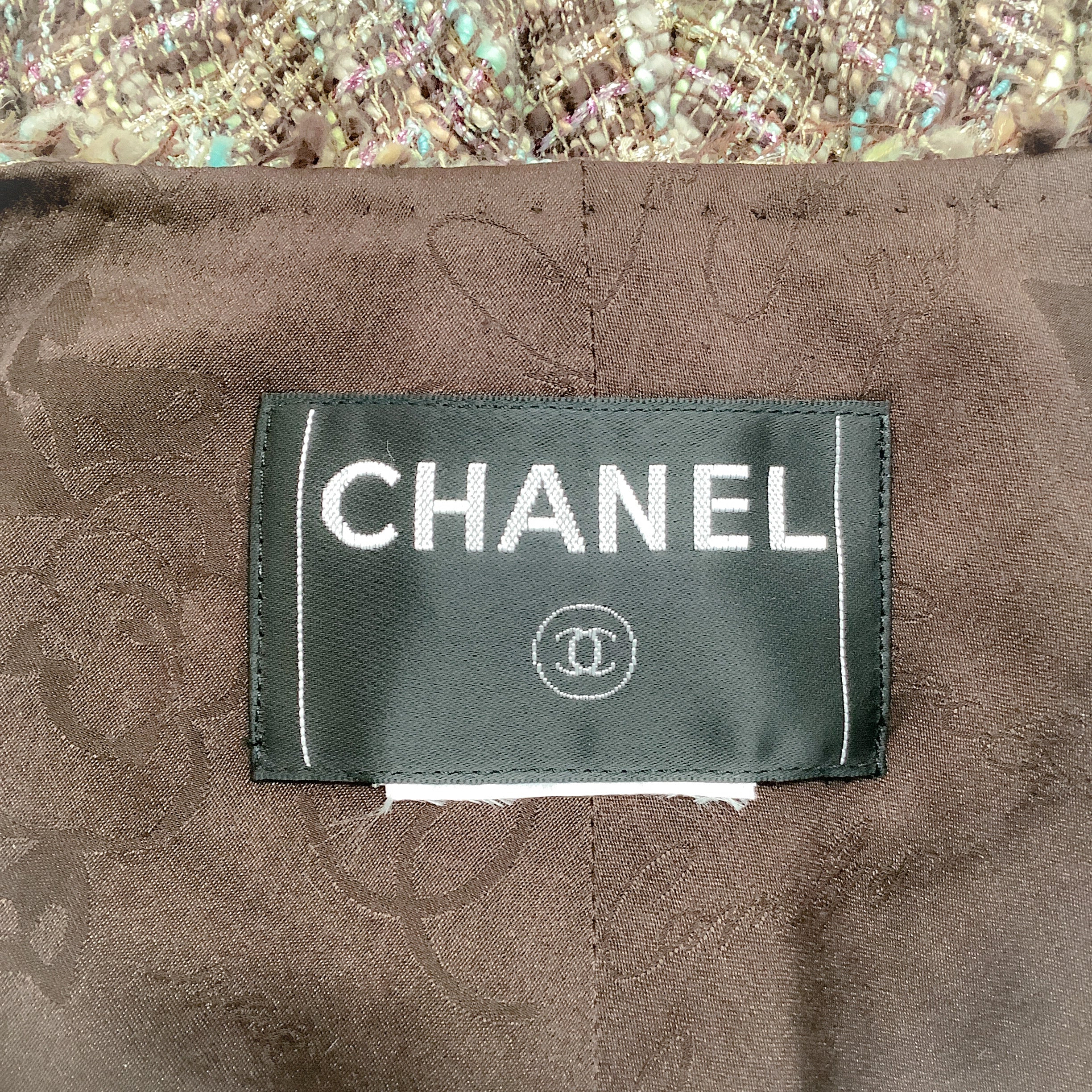 Chanel Brown & Green Tweed Jacket with Sheer Sleeves - Luxury Women's Blazer for Office, Party & Special Occasions