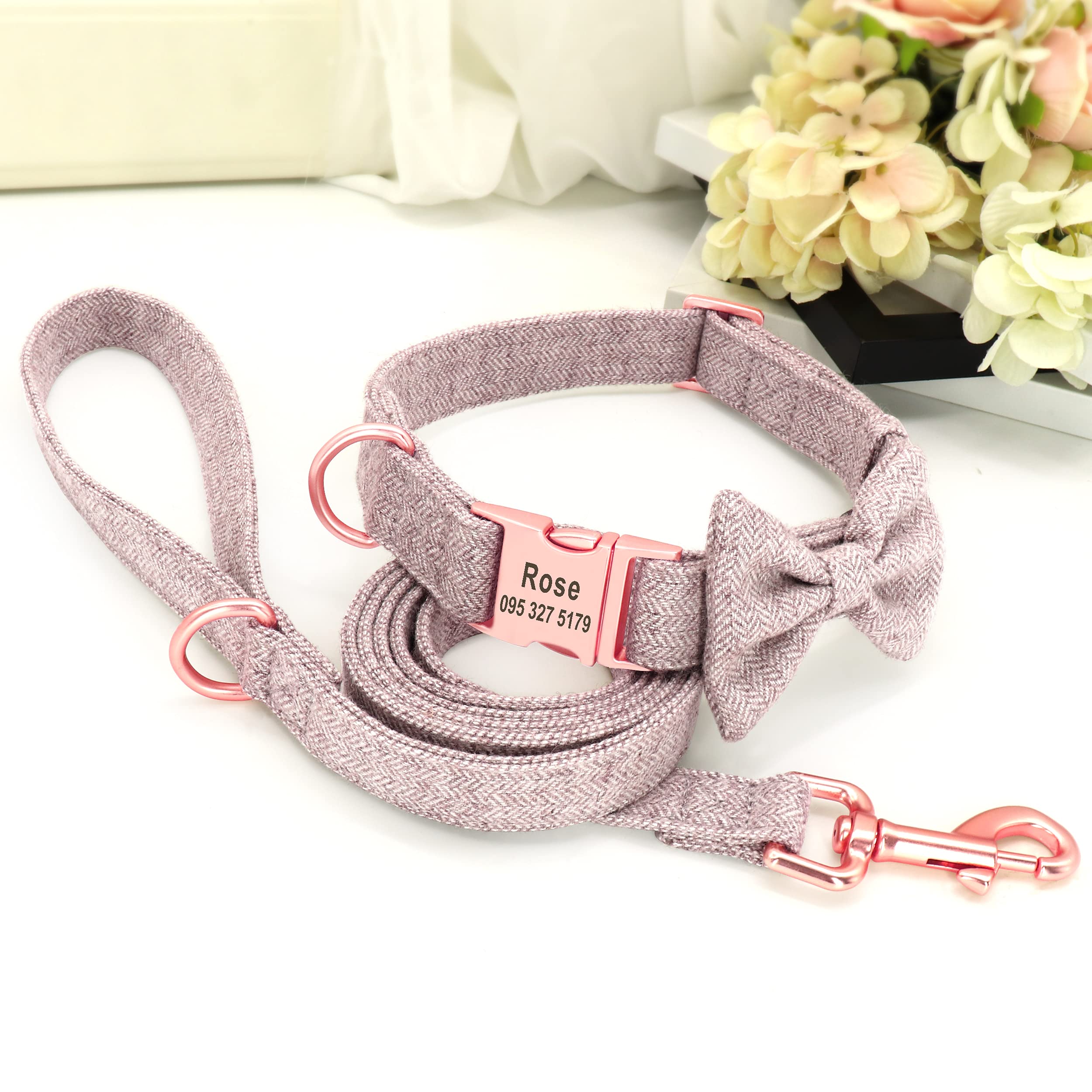 Personalized Girl Dog Collars with Detachable Bowtie - Soft & Comfy Pet Collar & Leash Set with Rose Gold Buckle - Adjustable Bow Tie for Small Medium Large Dogs (Brown) - Perfect for Daily Walks, Pet Parties & Photo Shoots