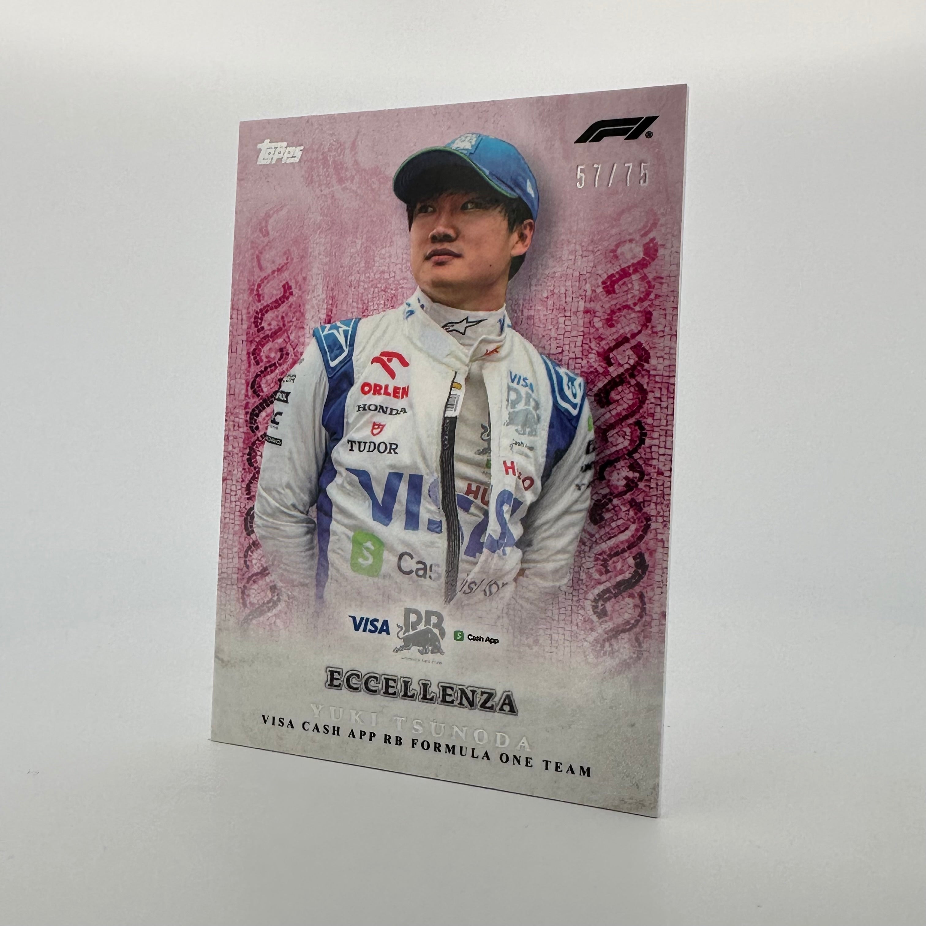 2024 Topps Eccellenza F1 Yuki Tsunoda #57/75 Pink Racing Driver Card - Perfect for F1 Collectors and Motorsport Memorabilia Enthusiasts