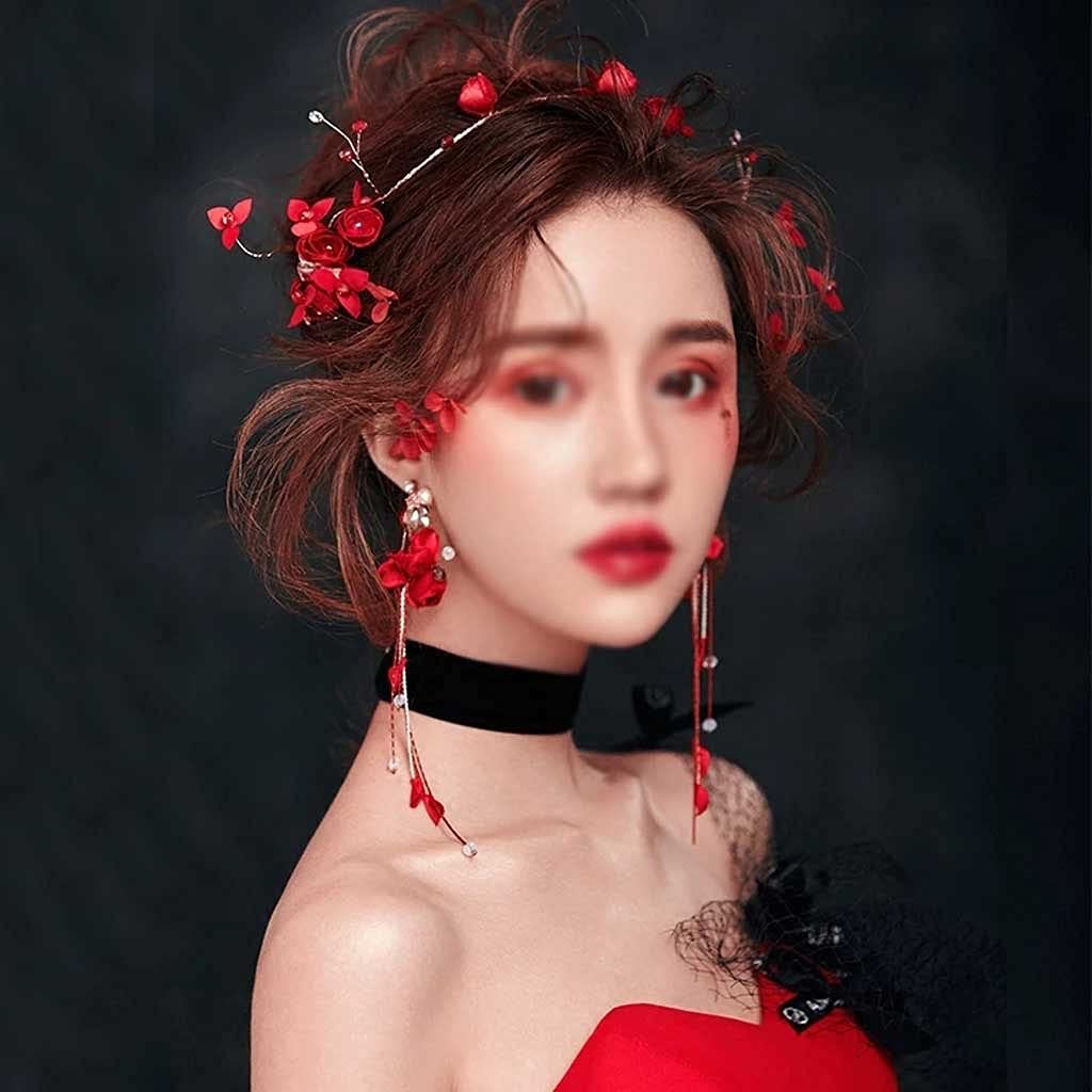 WALNUTA Exquisite Red Rose Flower Tiara & Tassel Earrings Set | Chinese Wedding Hair Accessories for Brides | Crystal Headband & Hair Hoop | Perfect for Bridal Shower, Wedding Ceremony, and Special Occasions