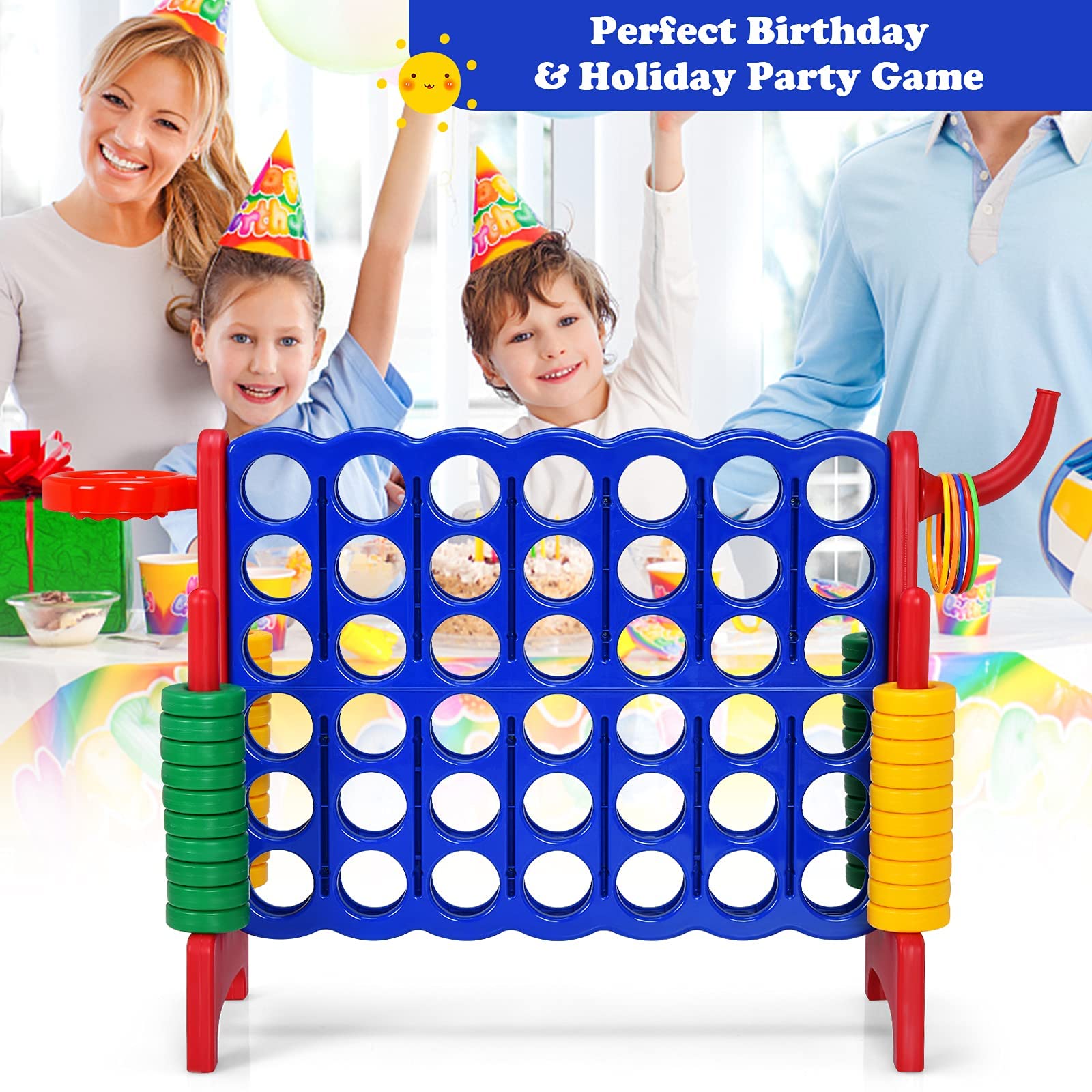 Costzon Giant 4-in-A-Row Game Set with Carrying Bag - Jumbo 4-to-Score Connect Game for Kids & Adults - Includes Basketball Hoop, 42 Large Rings & Quick-Release Slider - Fun Indoor & Outdoor Backyard Party Games for Family Gatherings, BBQs, and Picnics