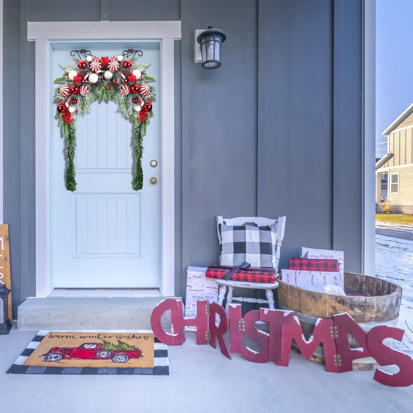 Artificial Candy Cane Christmas Mailbox Swag with LED Lights, Berry Clusters & Pine Cones - Outdoor Holiday Mailbox Decor for Home, Porch and Yard | Waterproof & Durable Christmas Decoration
