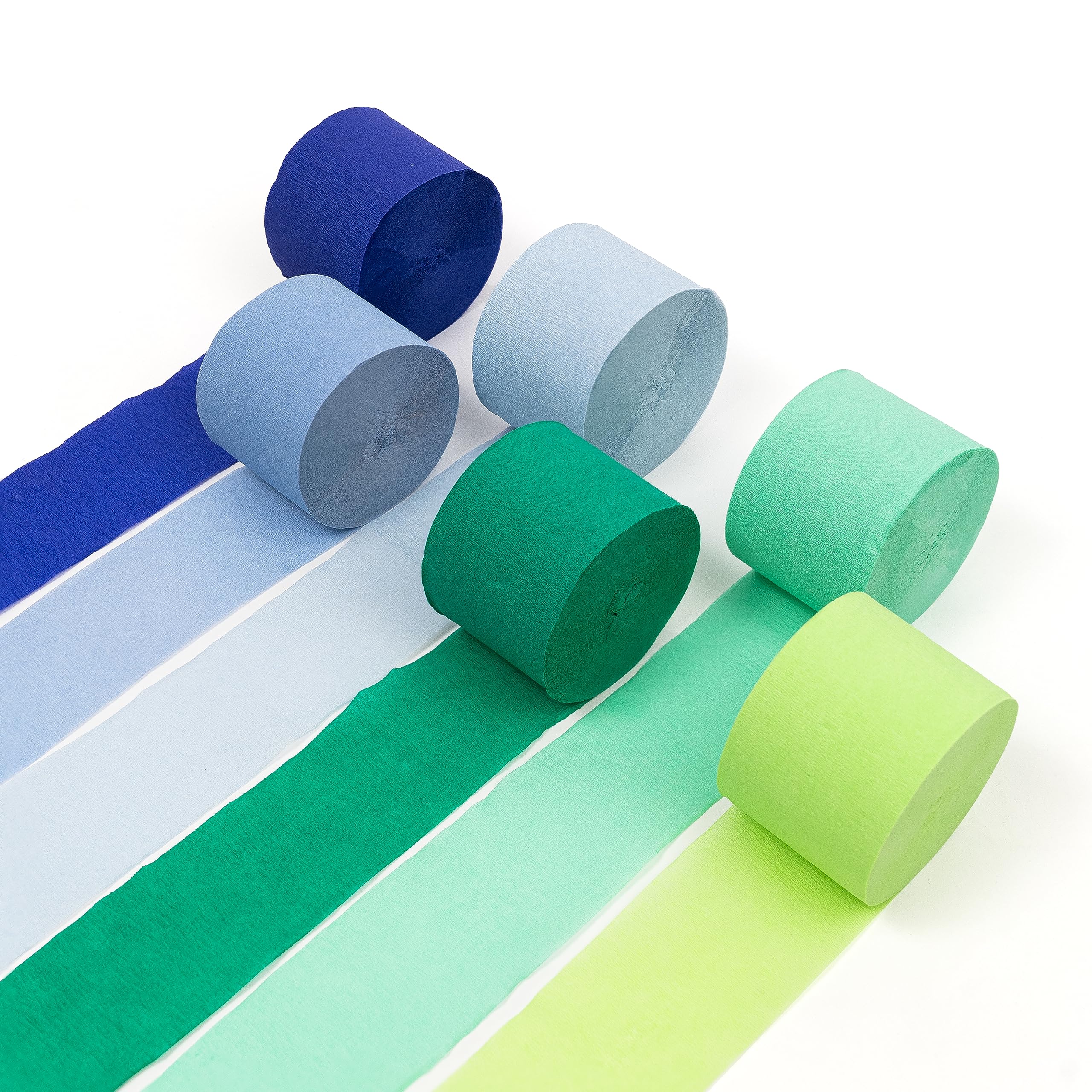 HOUSE OF PARTY Crepe Paper Streamers - 6 Rolls (492ft Total) for Birthday Party Decorations - 1.8 Inch Wide x 82 Ft per Roll - 3 Shades of Blue & 3 Shades of Green - Perfect for Baby Showers, Graduations, and Holiday Celebrations
