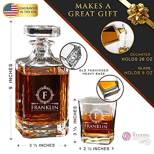 Personalized Whiskey Decanter Set with 4 Glasses - Custom Engraved Groomsmen Gift - Monogrammed Barware for Weddings, Anniversaries & Special Occasions
