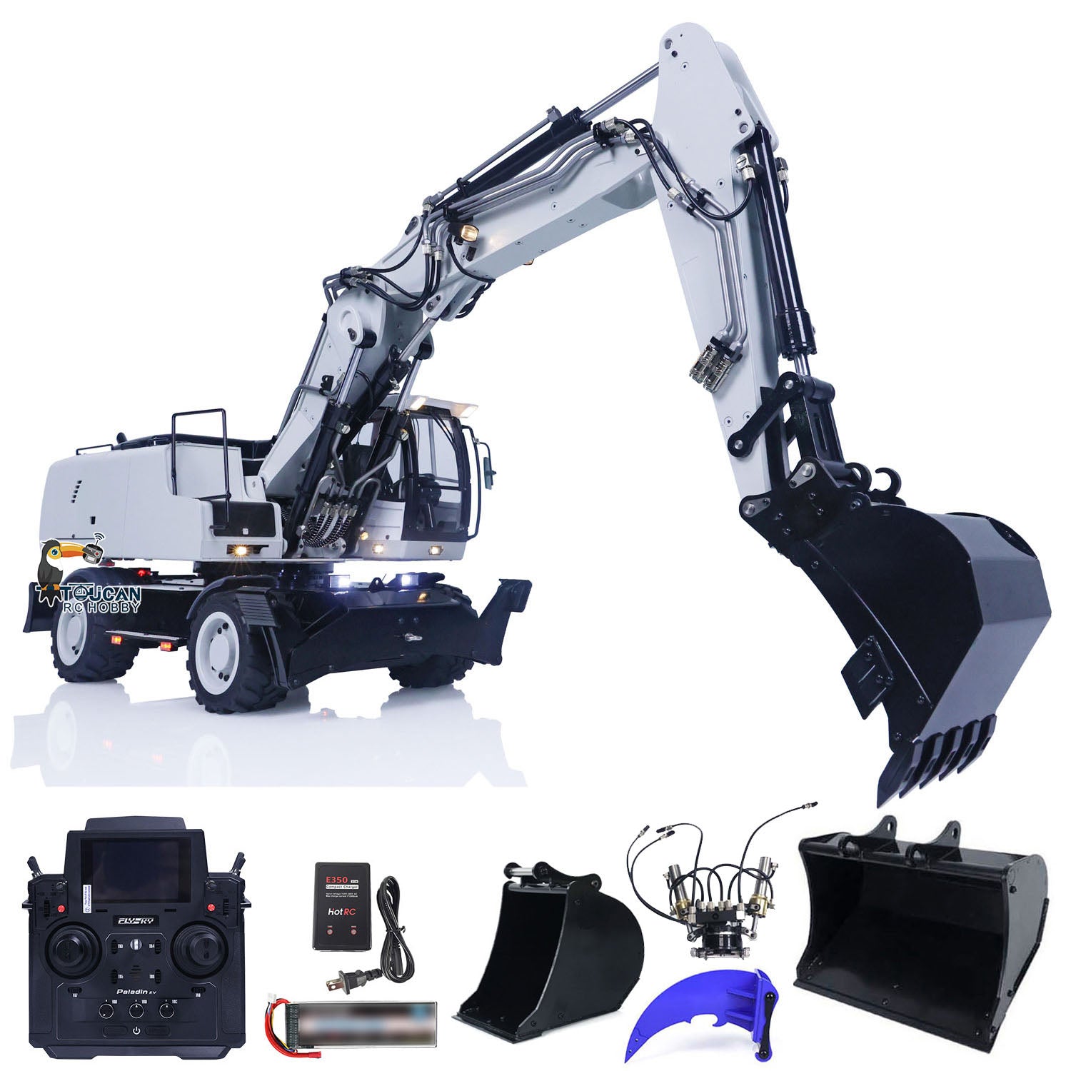 1/14 Scale 3-Arm RC Hydraulic Excavator R946 - Metal Wheeled Remote Control Digger Toy with Grab Ripper & Tiltable Clamshell Bucket | Construction Model for Adults & Kids | Perfect for Sandbox Play, Backyard Digging & Hobby Collecting