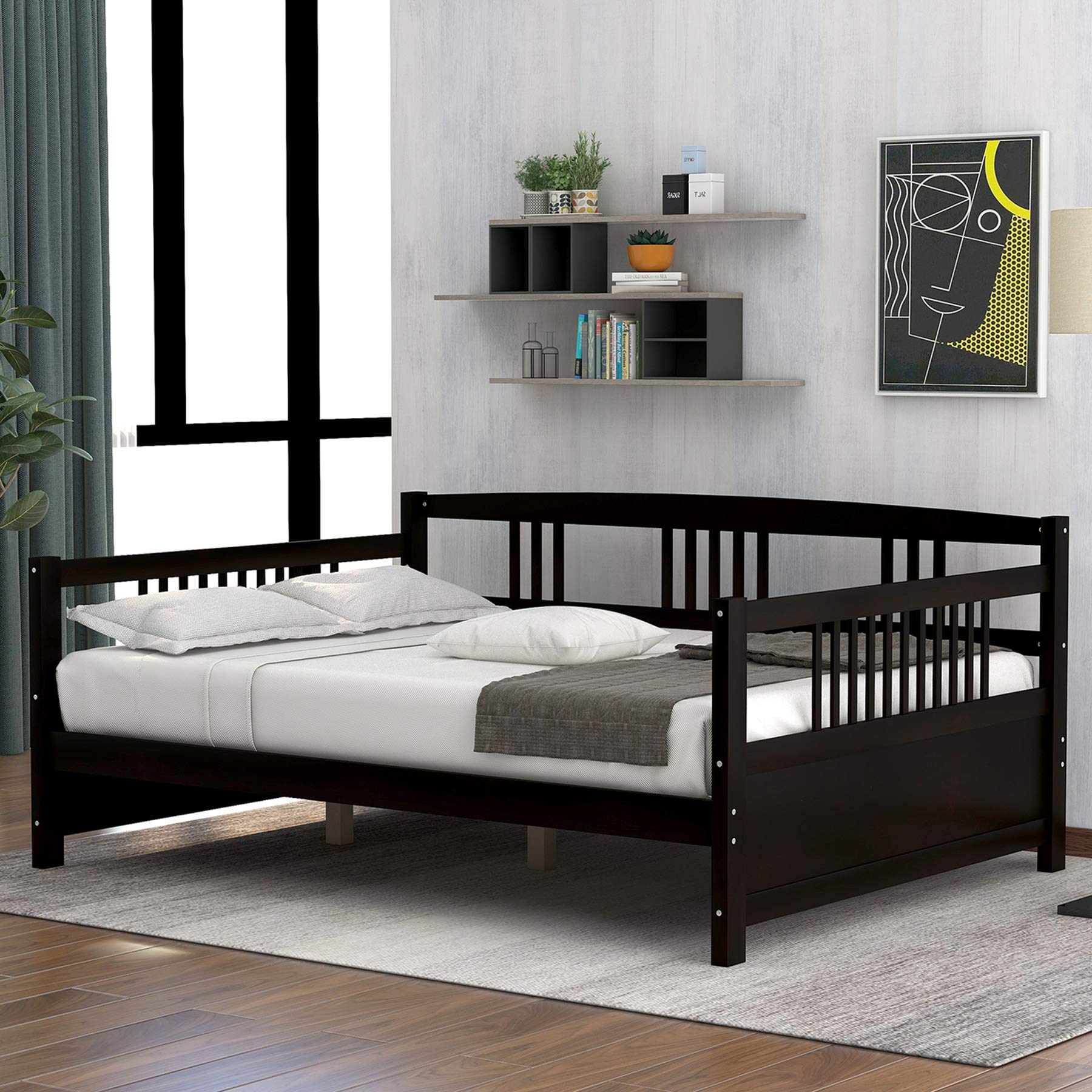 Merax Full Size Daybed with Wooden Slats and Rails - Modern Espresso Brown Sofa Bed for Living Room, Guest Room & Small Spaces