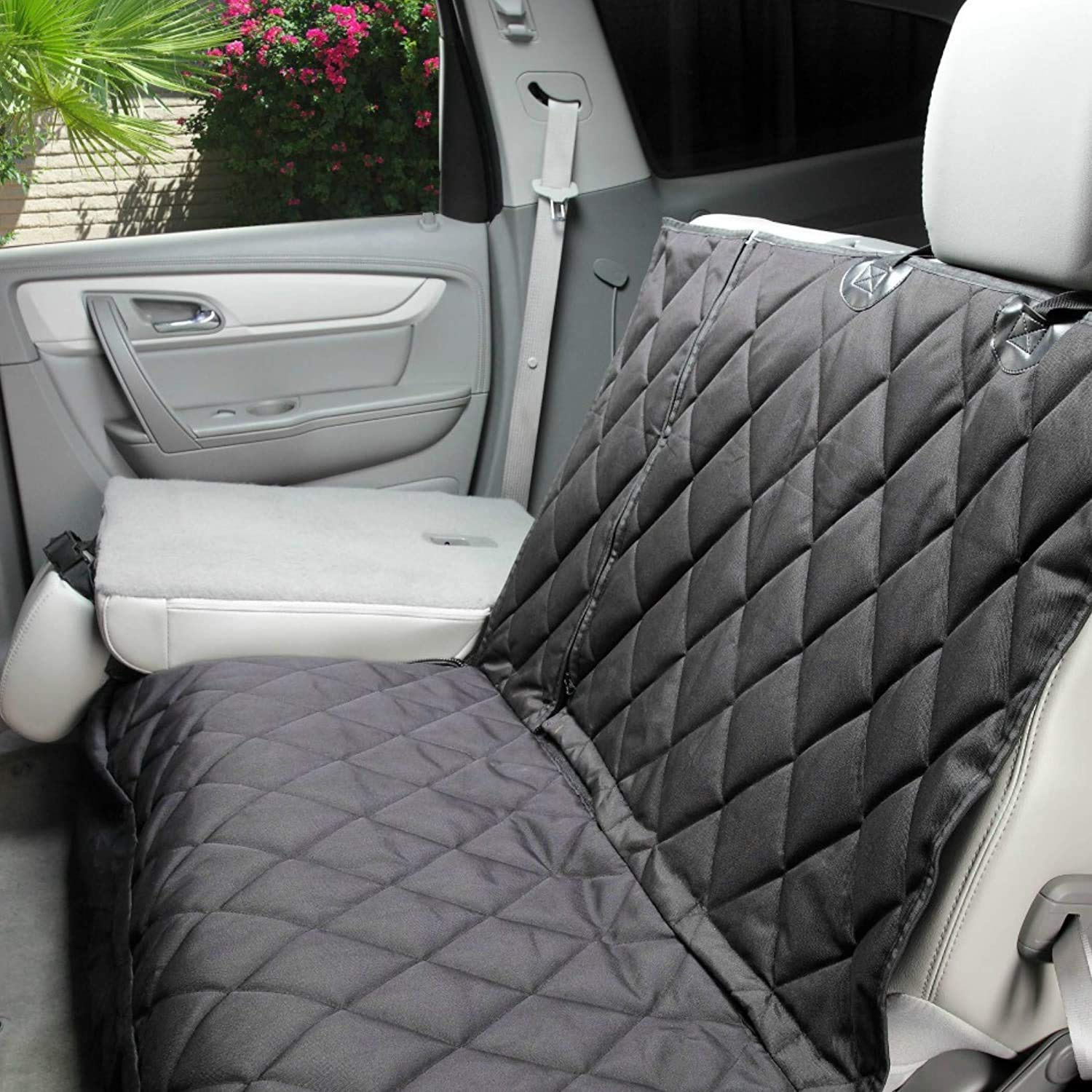4Knines Heavy Duty Dog Seat Cover with Hammock for Cars, SUVs & Trucks - Waterproof Pet Car Seat Protector for 60/40 Split Fold Down Rear Bench & Middle Seat Belt - Black - Perfect for Road Trips & Daily Commutes - Made in USA
