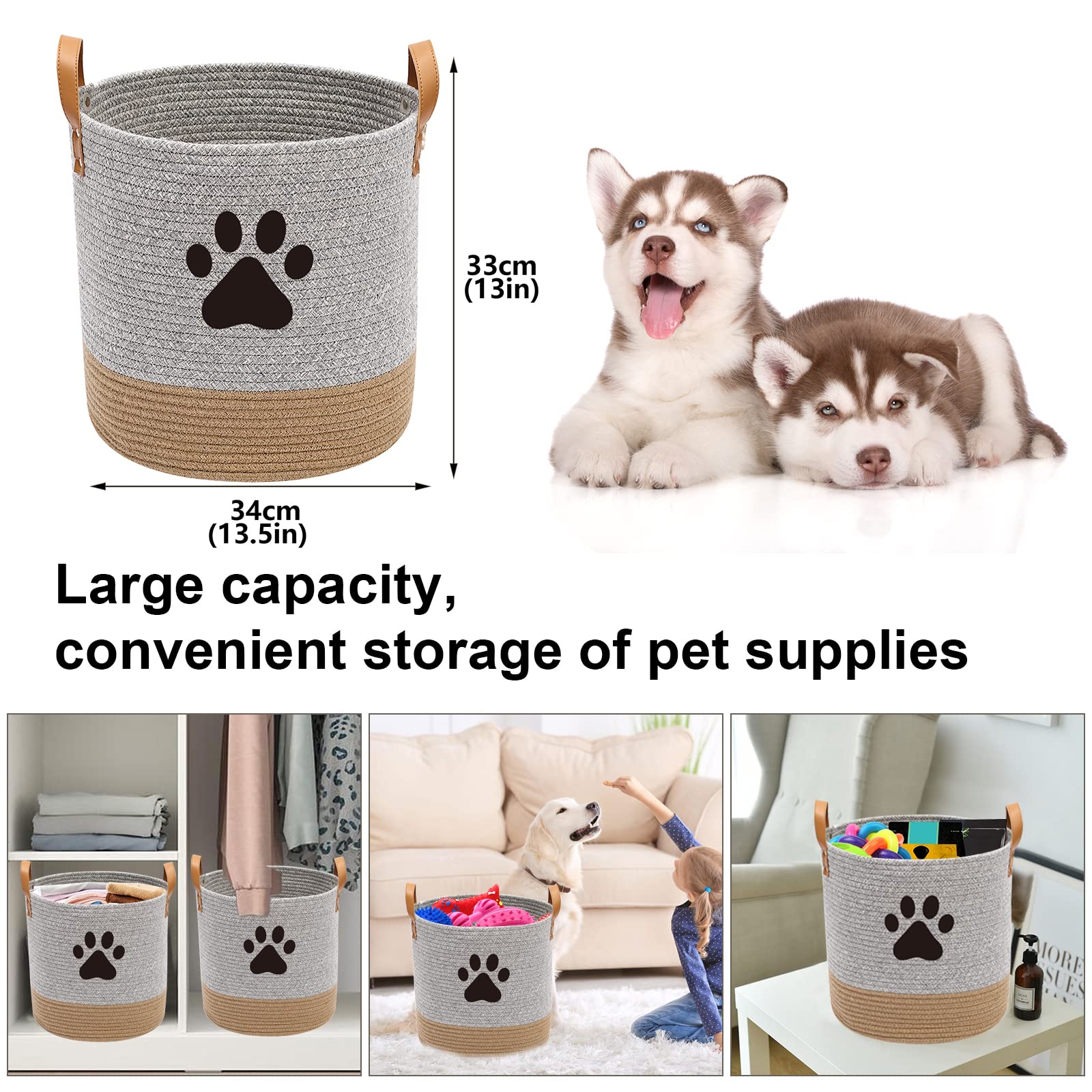 Organic Cotton Rope Dog Toy Basket - Pet Toy Organizer for Puppies, Blankets & Leashes - Gray Beige Storage Bin - Ideal for Pet Playrooms, Living Room Organization & Laundry Storage