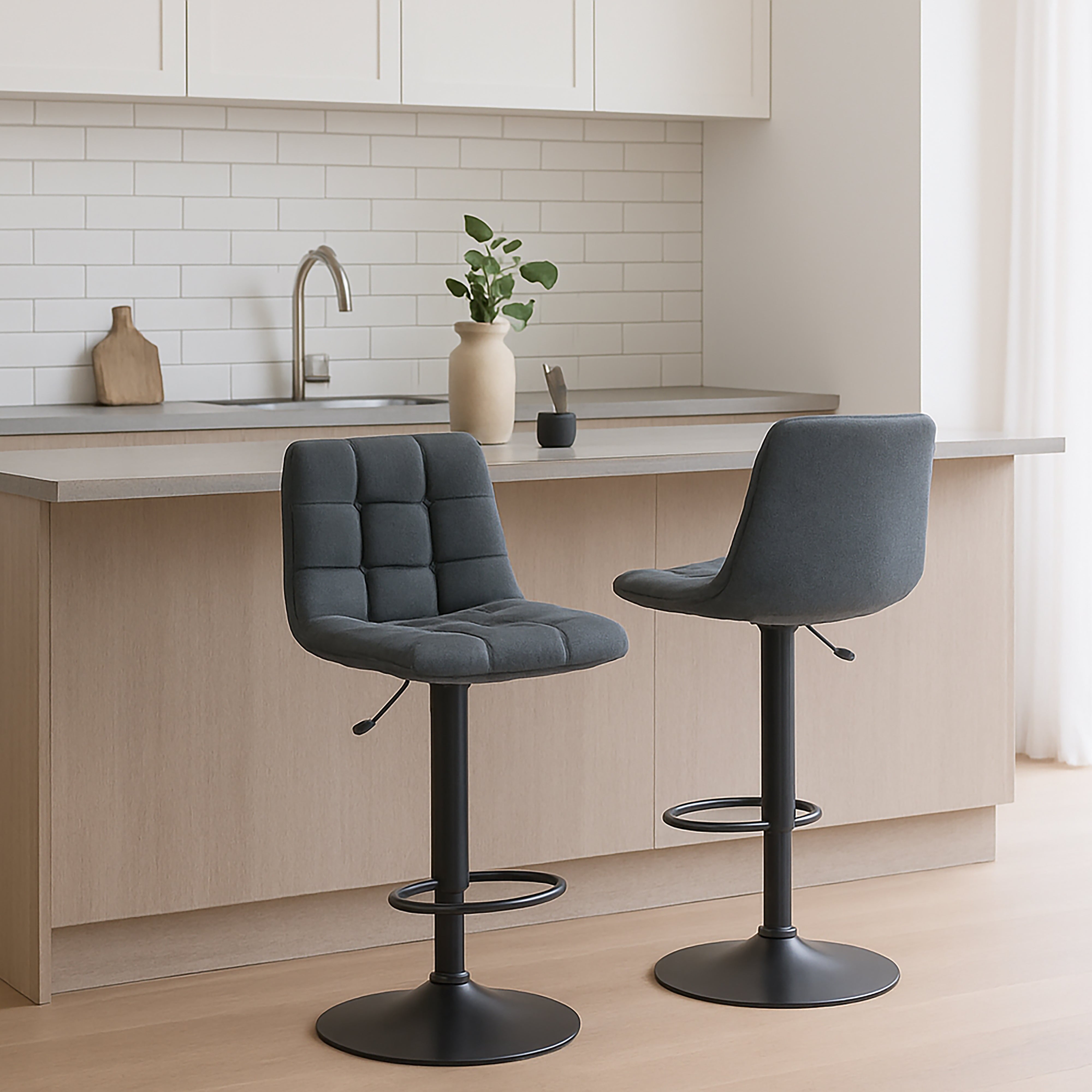 Urban Style Black PU Gas Lift Bar Stools - Set of 2 Metal Bar Height Stools for Kitchen Island, Breakfast Nook & Home Bar Decor