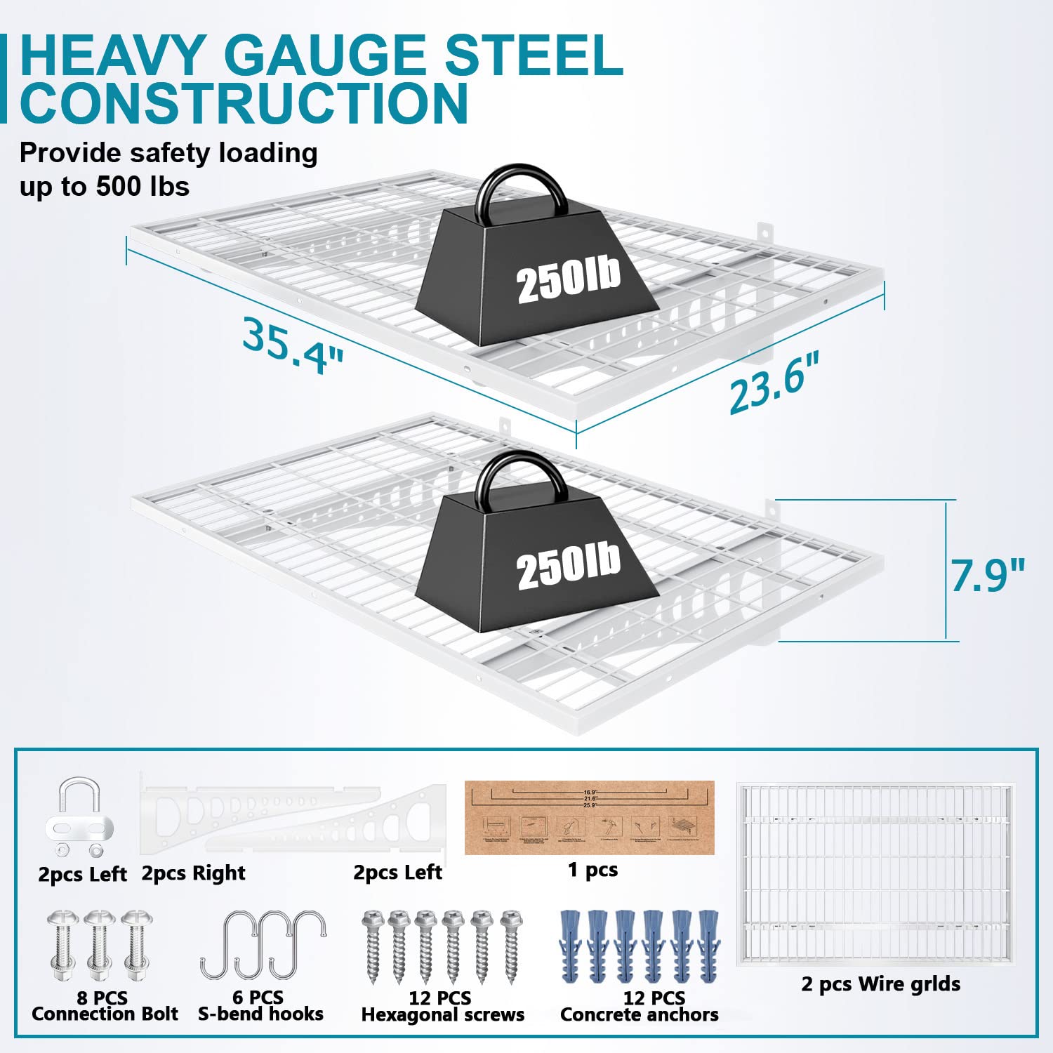 Heavy Duty Wall Mounted Garage Storage Shelves 2 Pack 2x3ft - 500 lbs Capacity White Metal Adjustable Floating Shelves for Garage Organization, Workshop, Basement & Closet Storage System