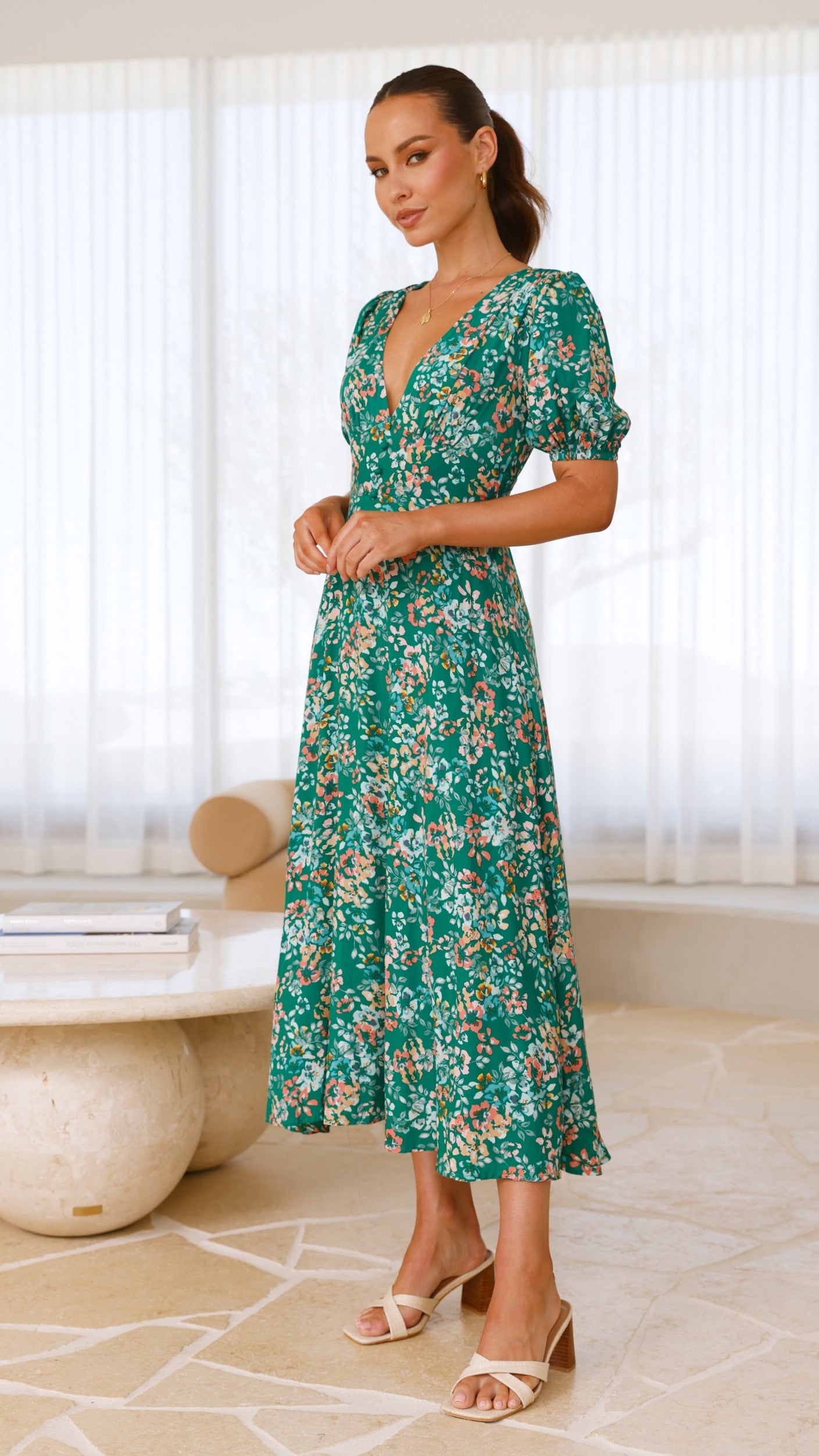 Itzel Green Floral Midi Dress - Elegant Summer Dress for Women, Perfect for Weddings, Parties & Casual Outings