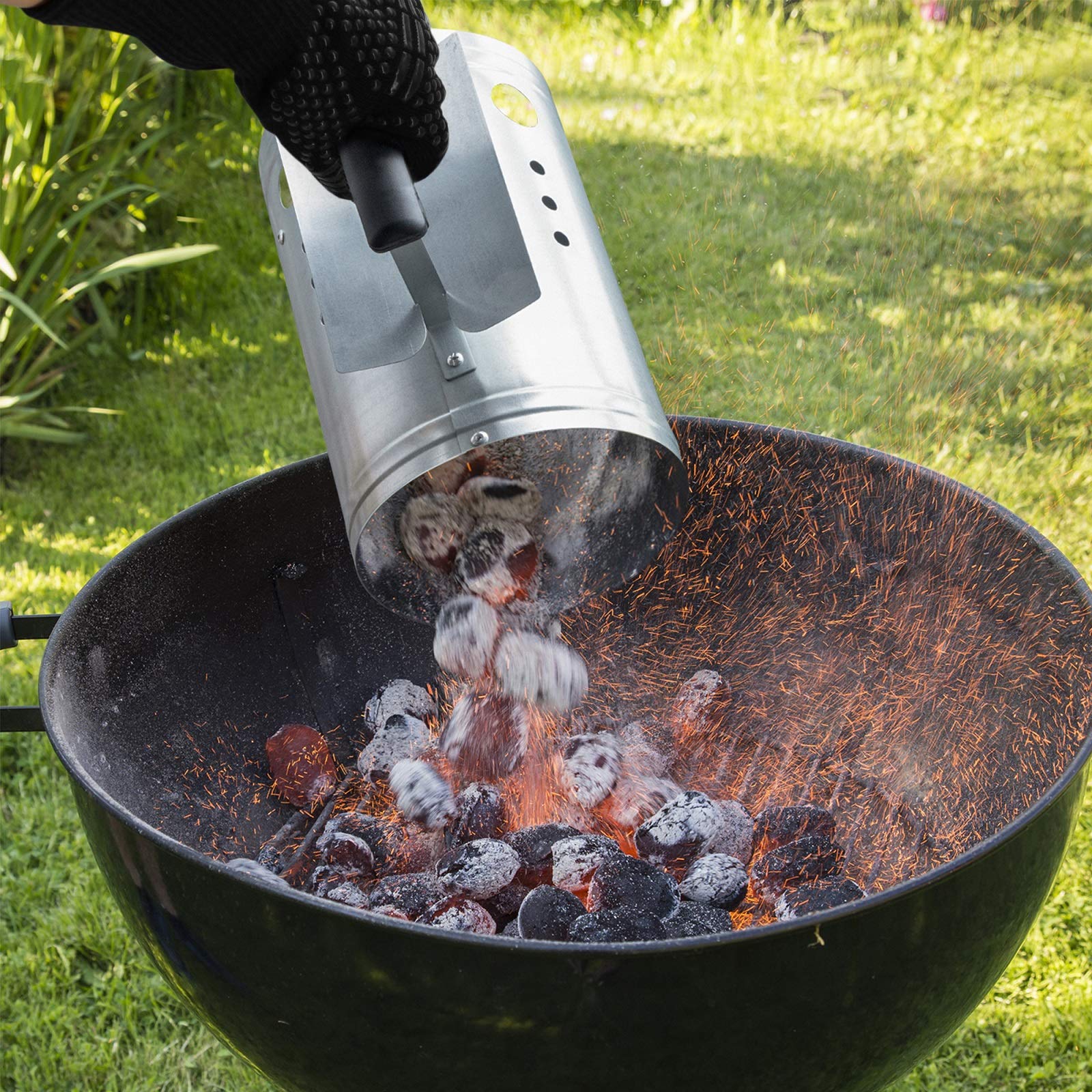 High Heat Resistant Charcoal Chimney Starter Set with 1472℉ Grill Glove & Portable BBQ Fan - Fast & Easy Charcoal Lighter for Outdoor Grilling, Camping, Backyard BBQ, and Tailgating Parties