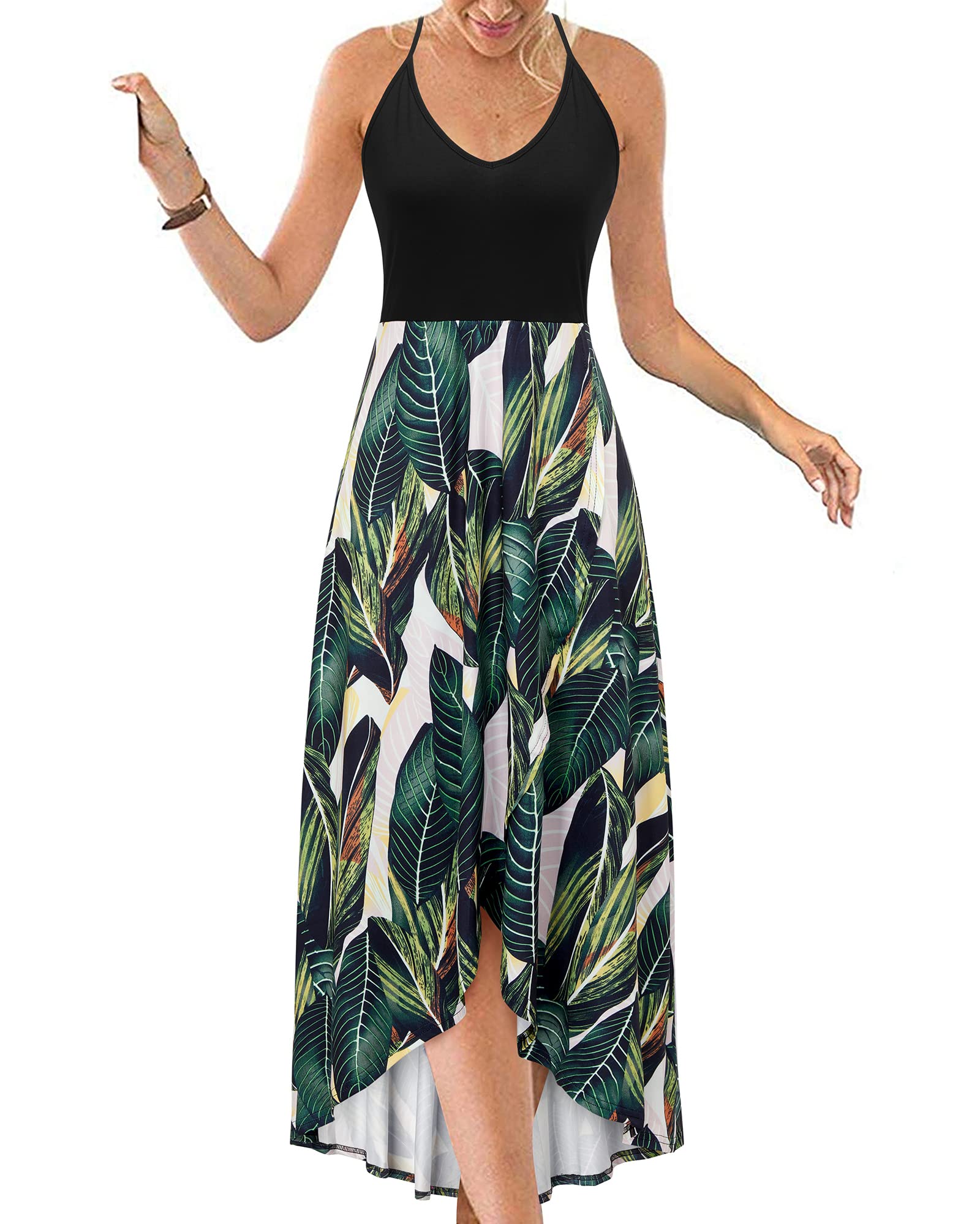 KILIG Women's V Neck Sleeveless Floral Maxi Dress - Asymmetrical Patchwork Summer Sundress for Casual Wear, Beach Vacation & Outdoor Events