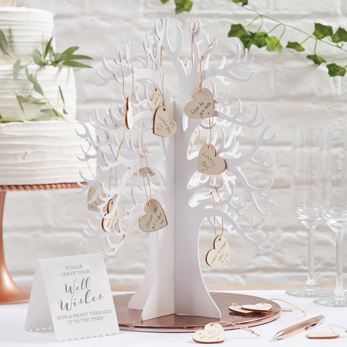 Ginger Ray Wooden Wishing Tree & Hearts Alternative Wedding Guest Book - Beautiful Botanical Decor for Rustic Weddings, Bridal Showers & Anniversary Celebrations (White)