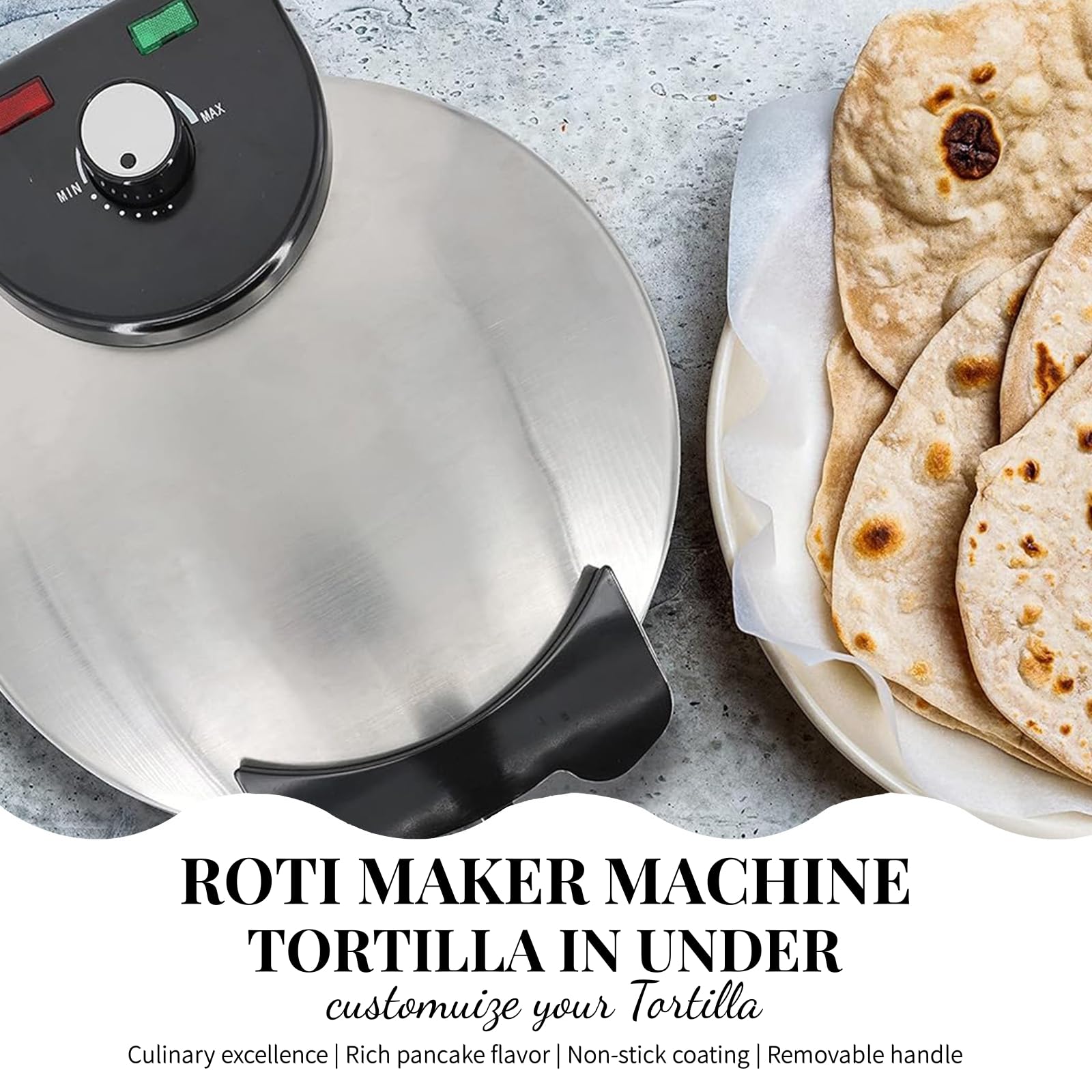 Electric Roti Maker - 10 Inch Non-Stick Automatic Chapati & Tortilla Press with Removable Handle - Perfect for Indian Roti, Mexican Tortillas & Flatbreads at Home