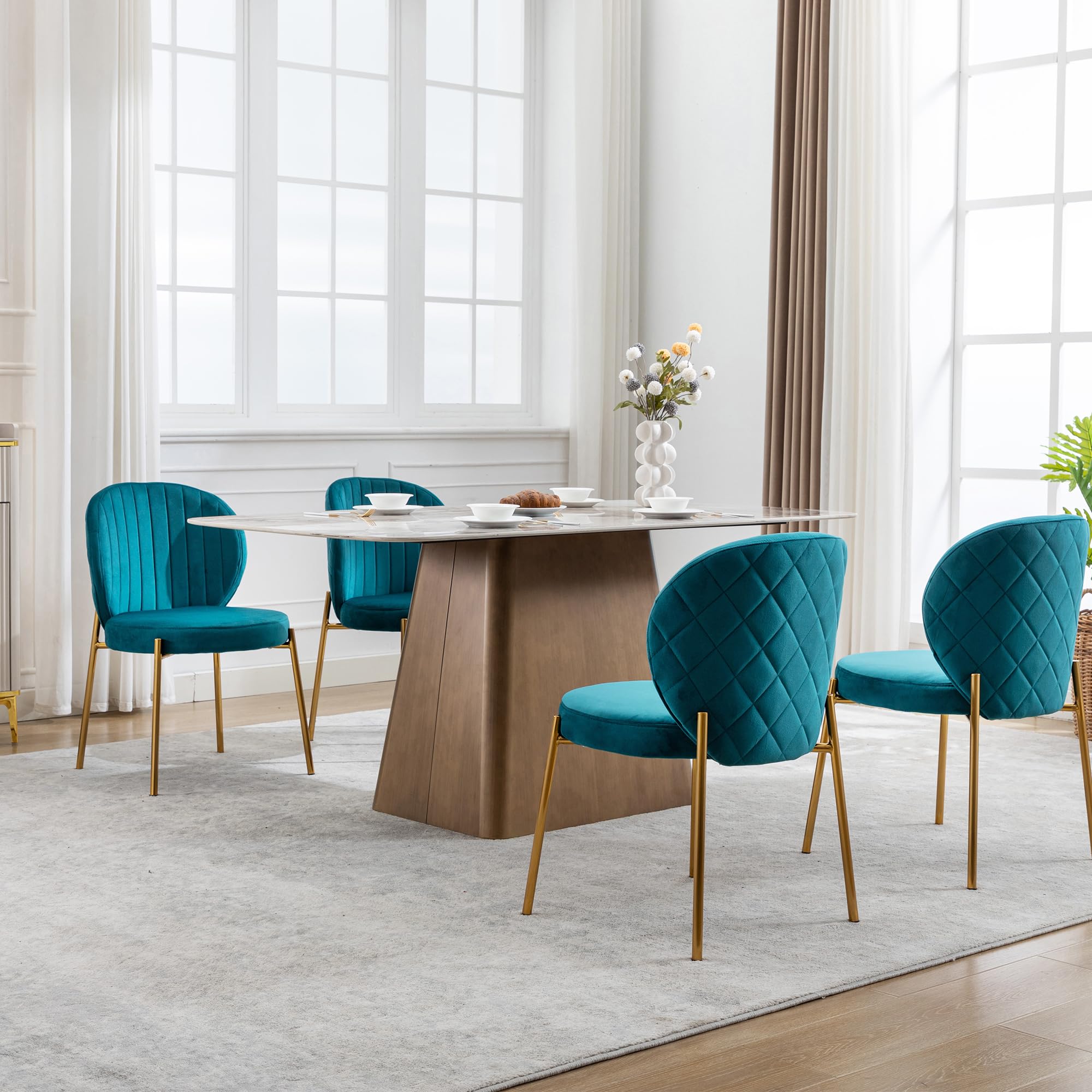 4-Piece Velvet Dining Chairs Set - Mid Century Modern Upholstered Vanity Chairs with Gold Metal Legs for Kitchen, Dining Room & Living Room | Teal Green Home Decor | Comfortable Seating for Entertaining & Daily Use