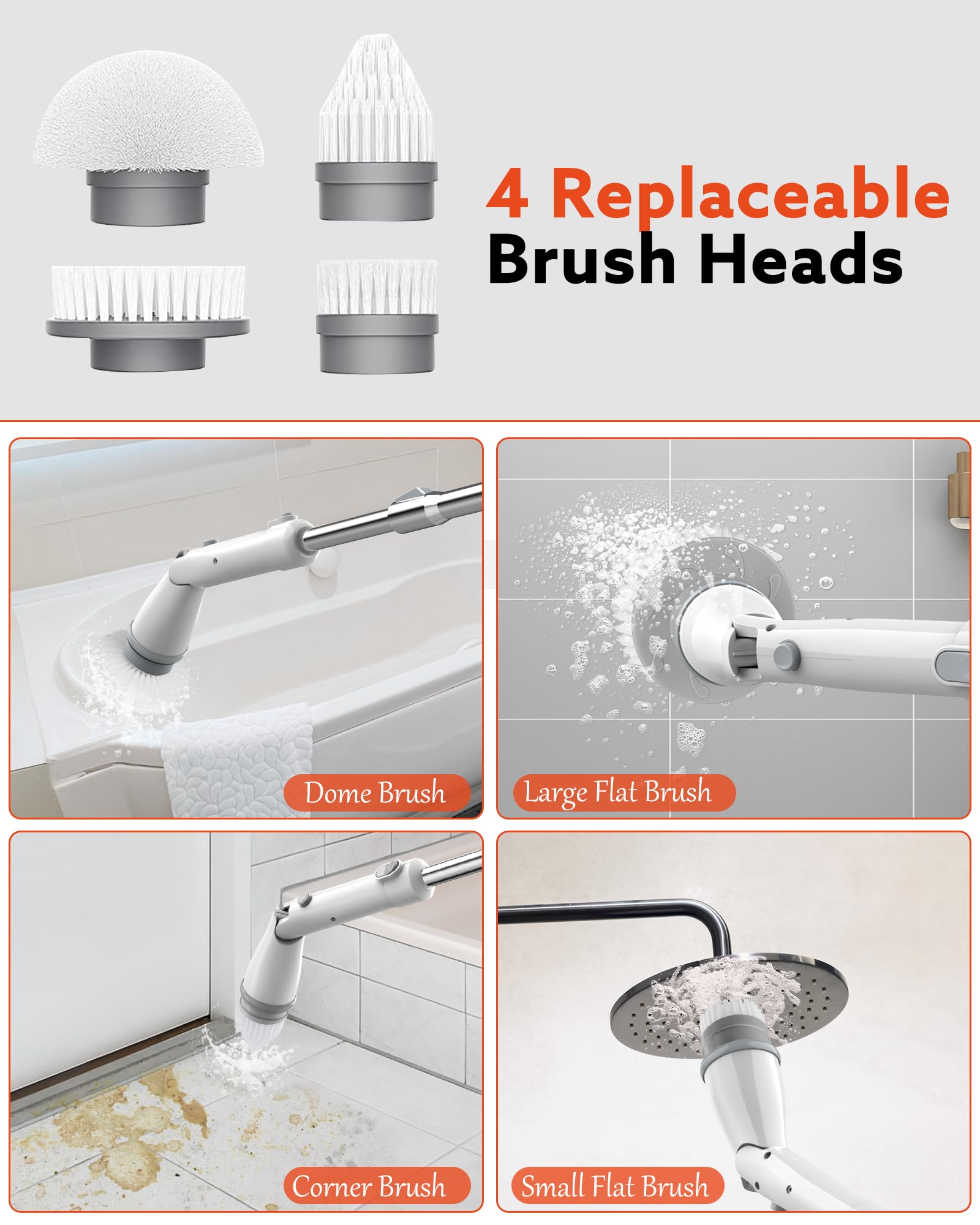 Electric Spin Scrubber Cordless - 1.5H Battery Life with 4 Replacement Heads & Long Handle for Bathroom, Shower, Tub, Tile, Grout & Floor Cleaning - Perfect for Deep Cleaning Hard-to-Reach Areas (White)