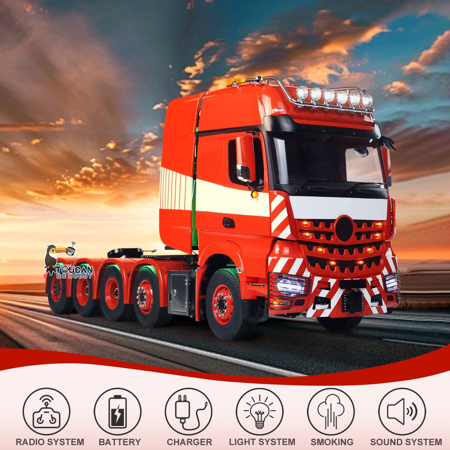 TOUCAN 1/14 Scale 10X8 Metal Chassis RC Tractor Truck RTR with Smoke Sound, 2-Speed Gearbox, ST8 Battery & Rotating Lights - Ready-to-Run Remote Control Semi Truck for Adults and Hobbyists (Model 3363) - Perfect for Off-Road Racing, Construction Site Play, and RC Vehicle Collection