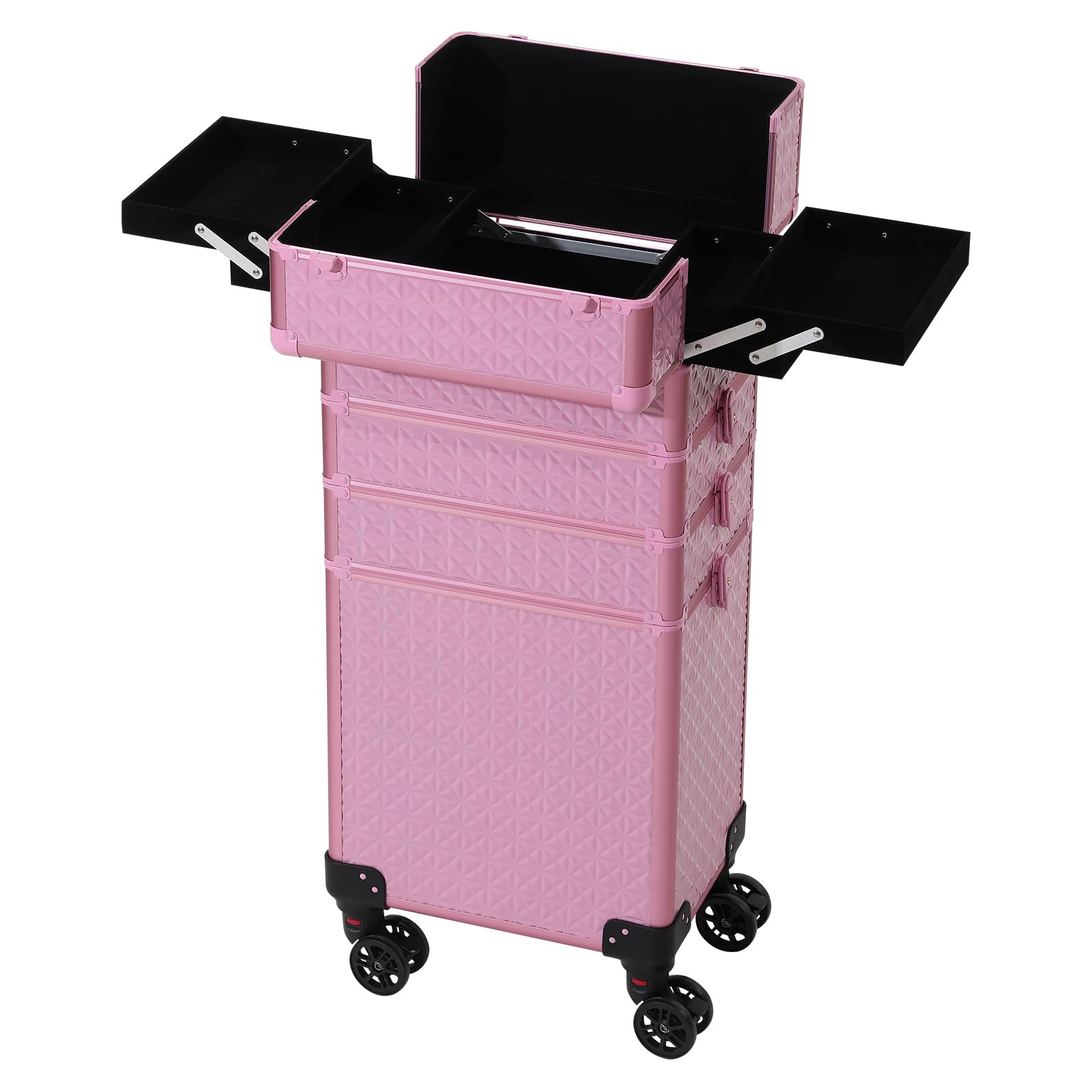 4-in-1 Rolling Train Case - Professional Portable Makeup Organizer with Trolley Cart | Cosmetic Storage & Travel Case for Makeup Artists (Pink) | Perfect for Salon, Home Use & On-the-Go Beauty Professionals